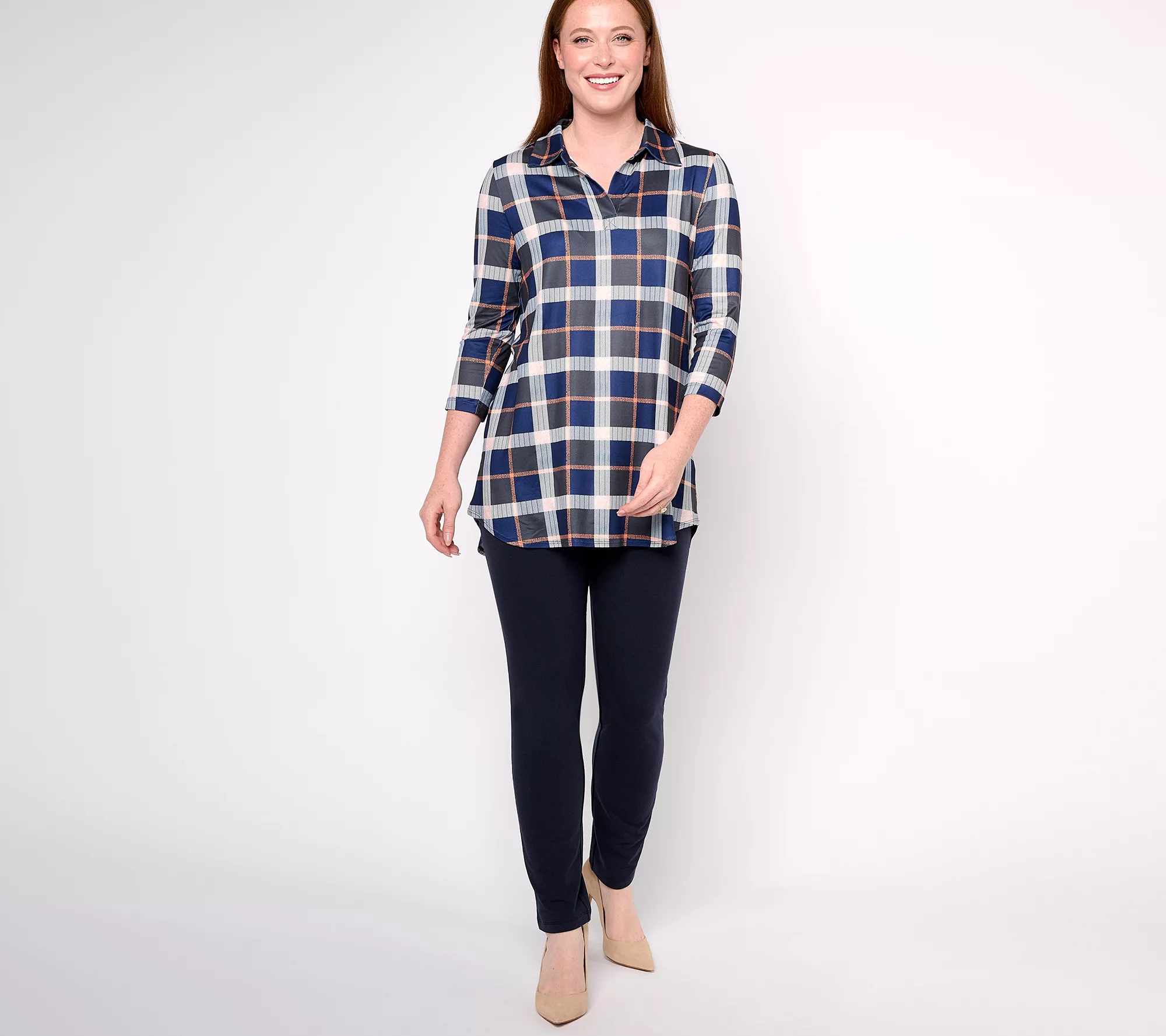 Women with Control Regular Plaid Tunic with Cotton Jersey Pant Set