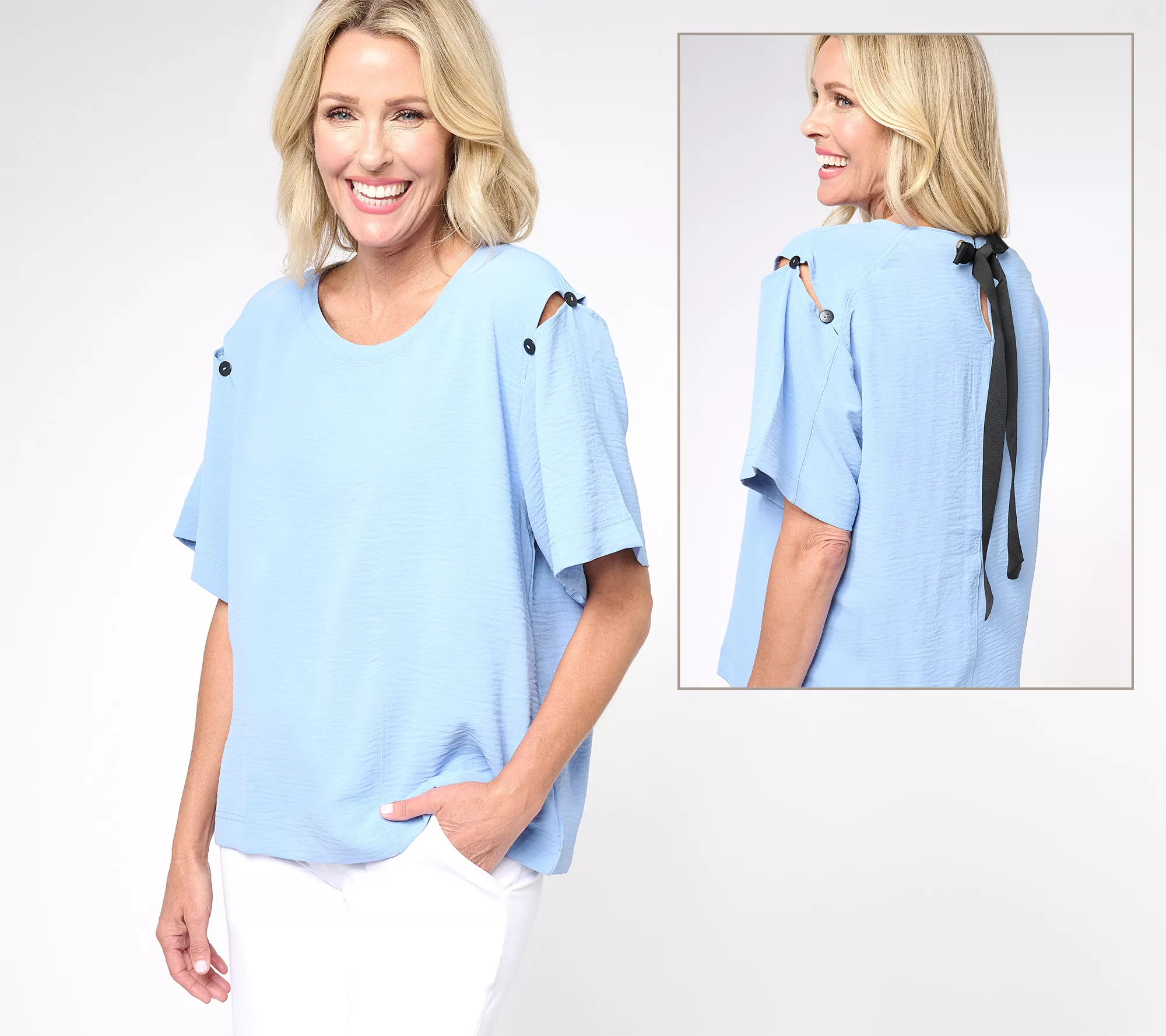 "As Is" Attitudes by Renee Linen Drop Shoulder Tee with Bow