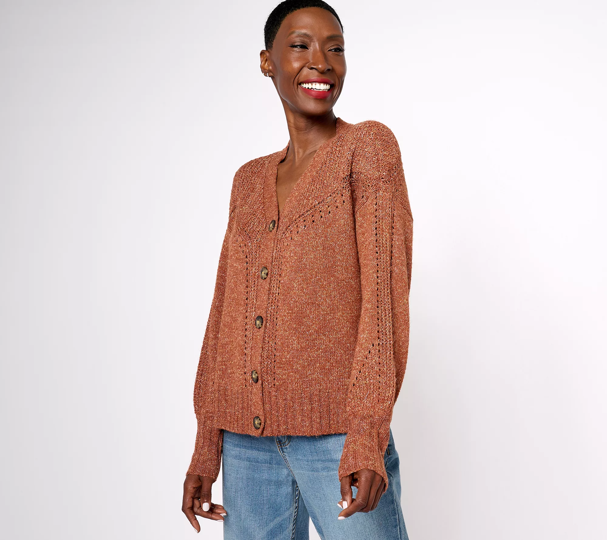 "As Is" AnyBody Novelty Stitch Button Front Cardigan