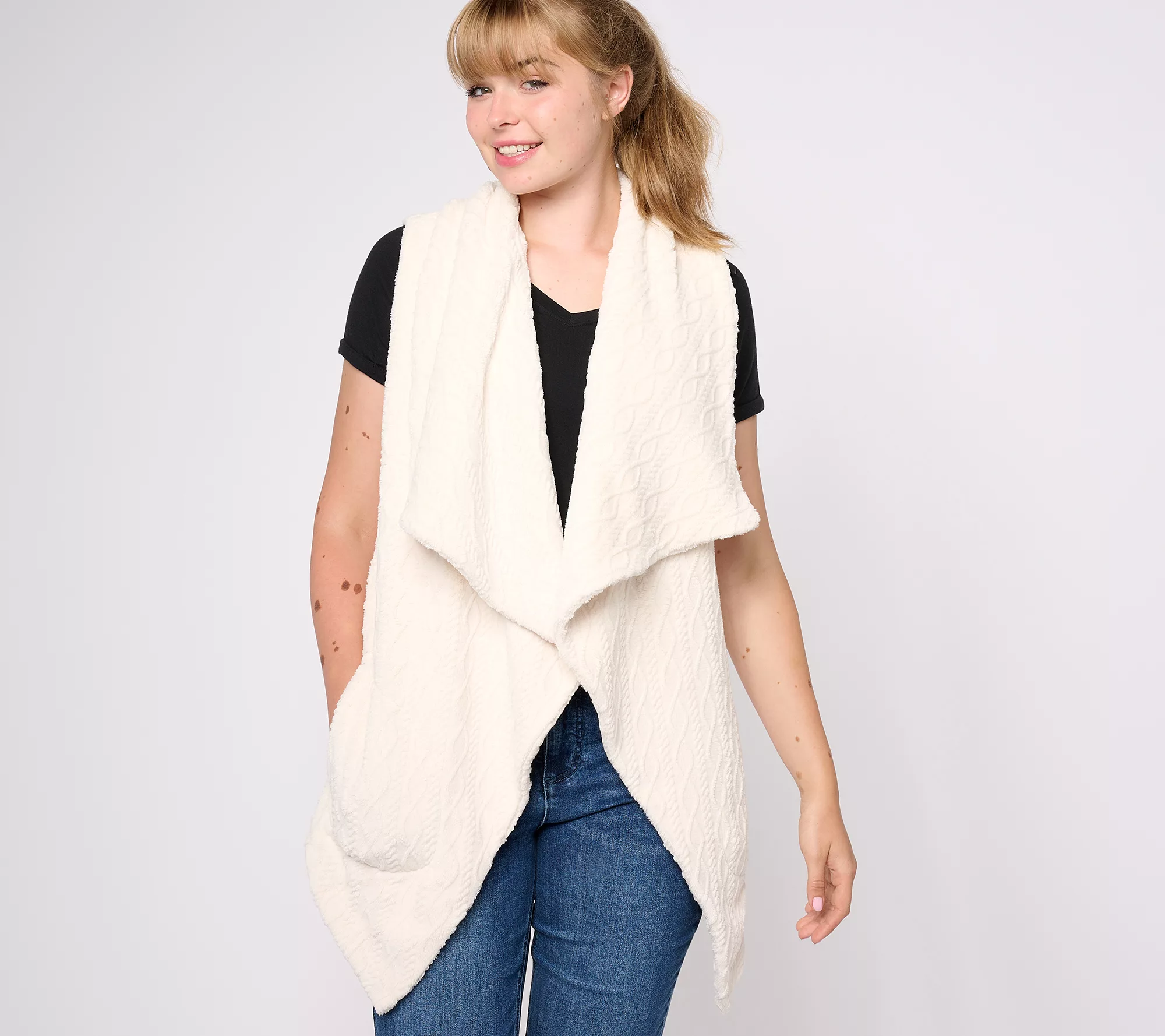 "As Is" AnyBody Drape Front Cable Plush Fleece Vest