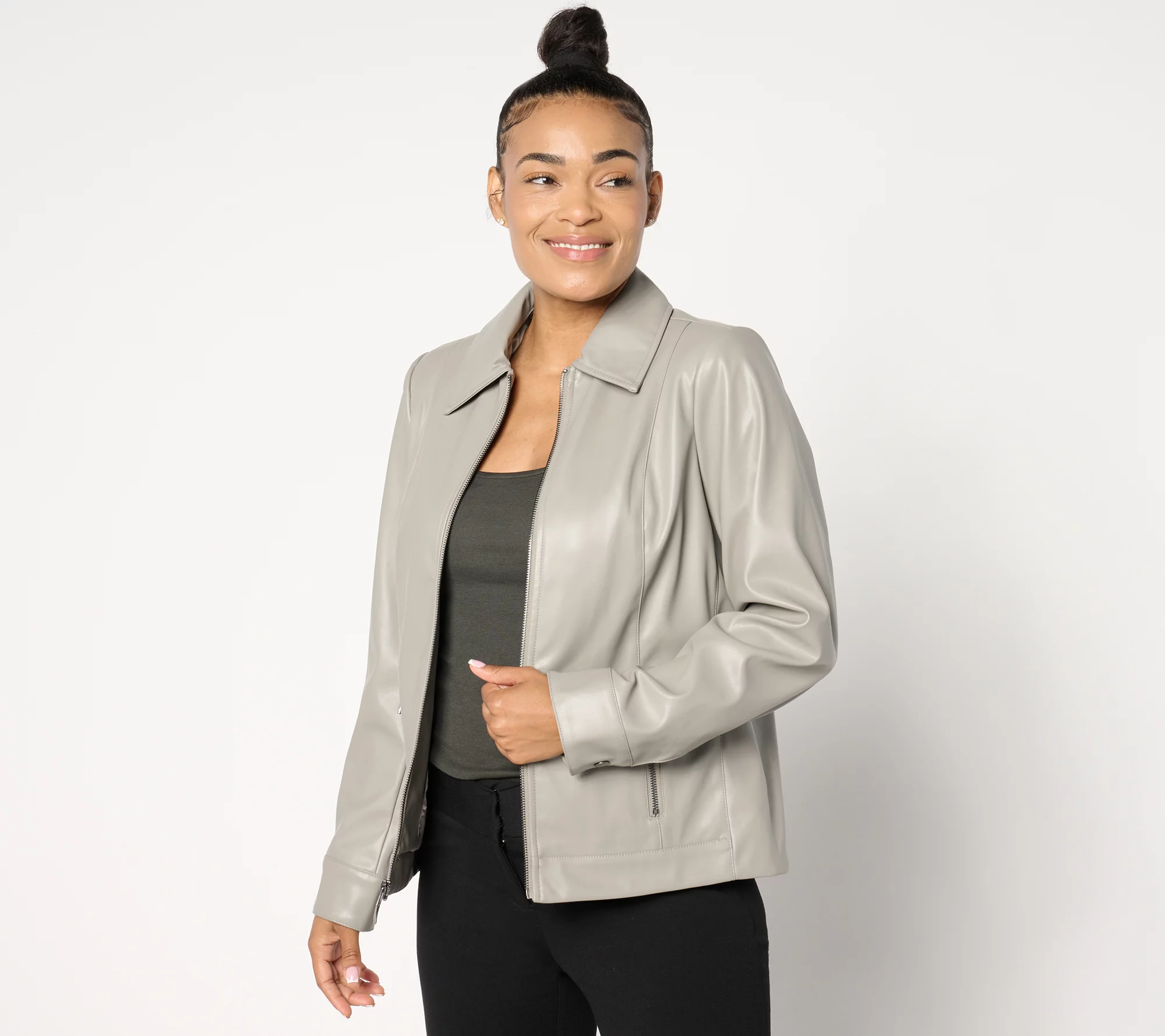 Denim & Co. Adaptive Faux Leather Magnetic Zip Front Jacket