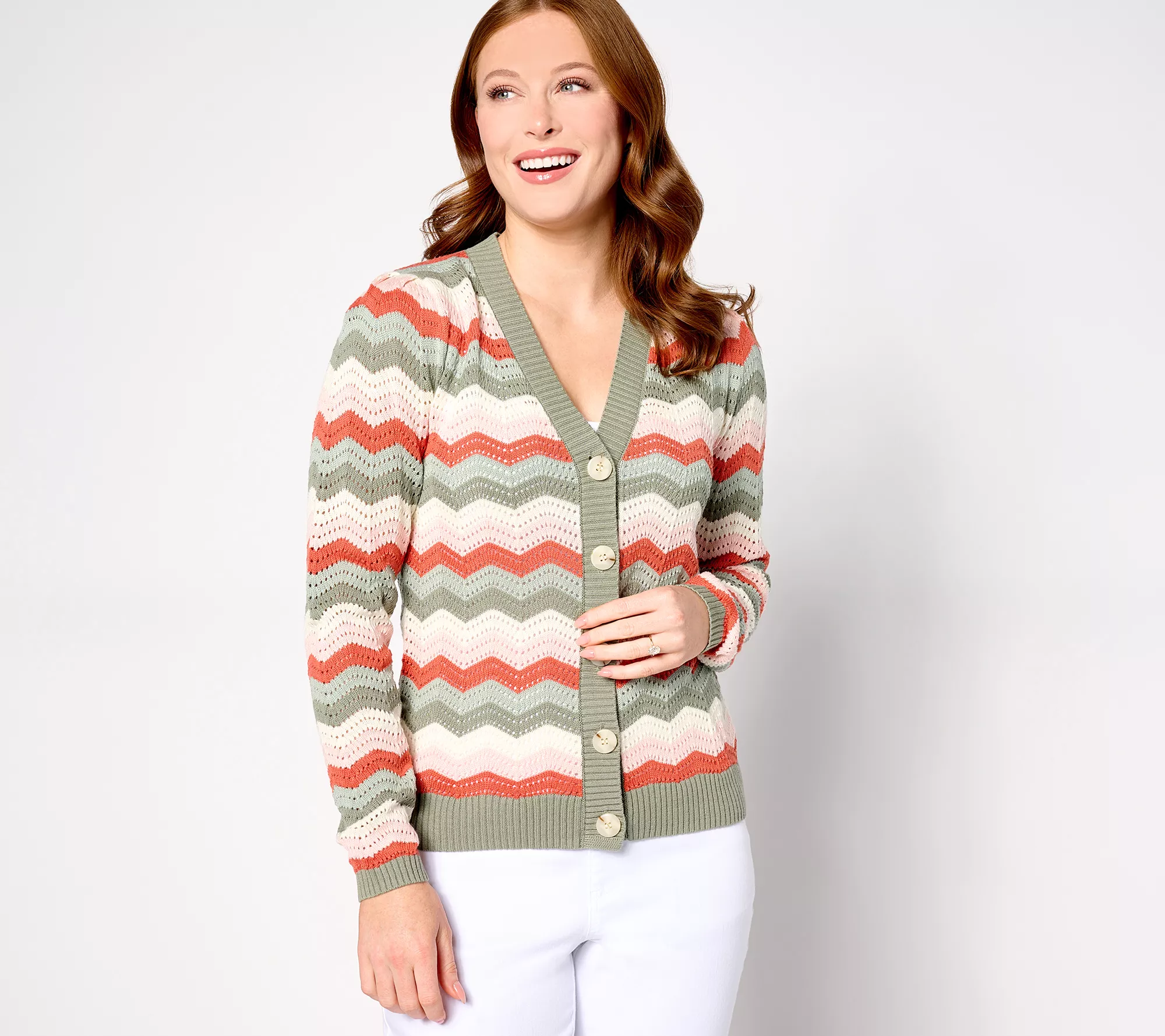 "As Is" AnyBody Chevron Stitch Button Front Puff Sleeve Sweater