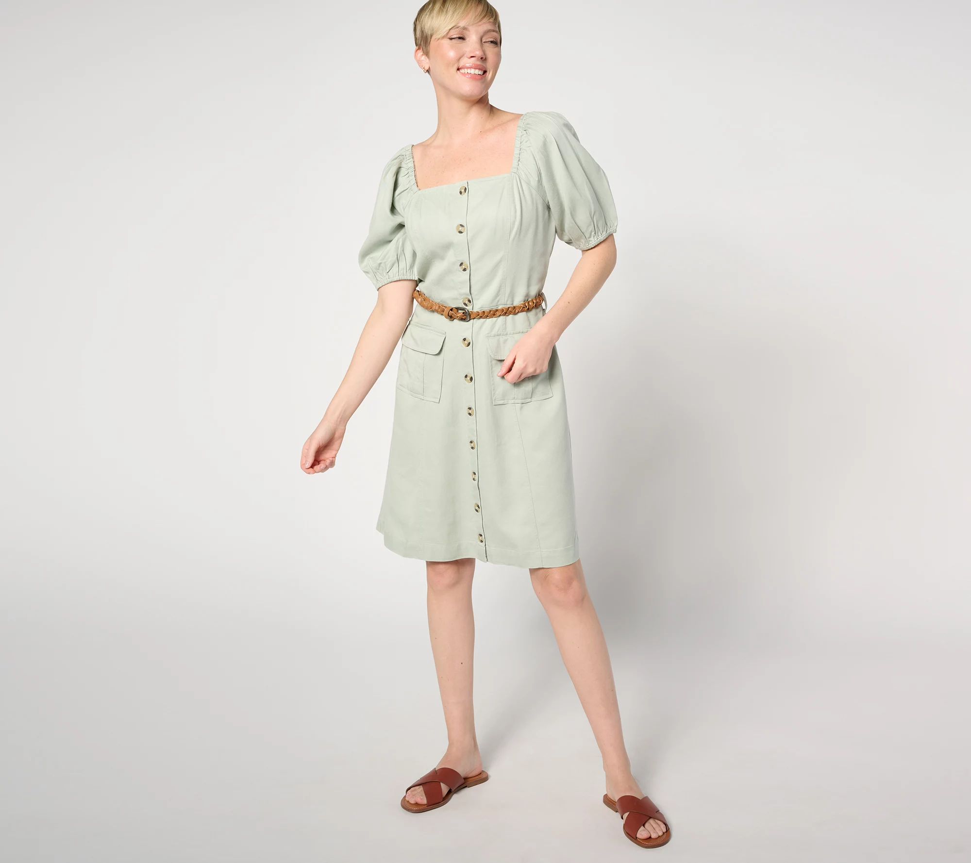 "As Is" AnyBody Regular Sueded Twill Puff Sleeve Belted Cargo Dress