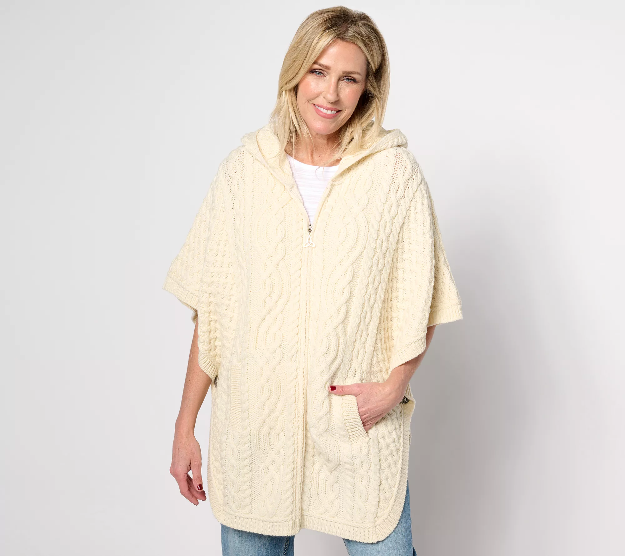 "As Is" Aran Craft Merino Wool Zip Front Poncho with Pockets & Hood