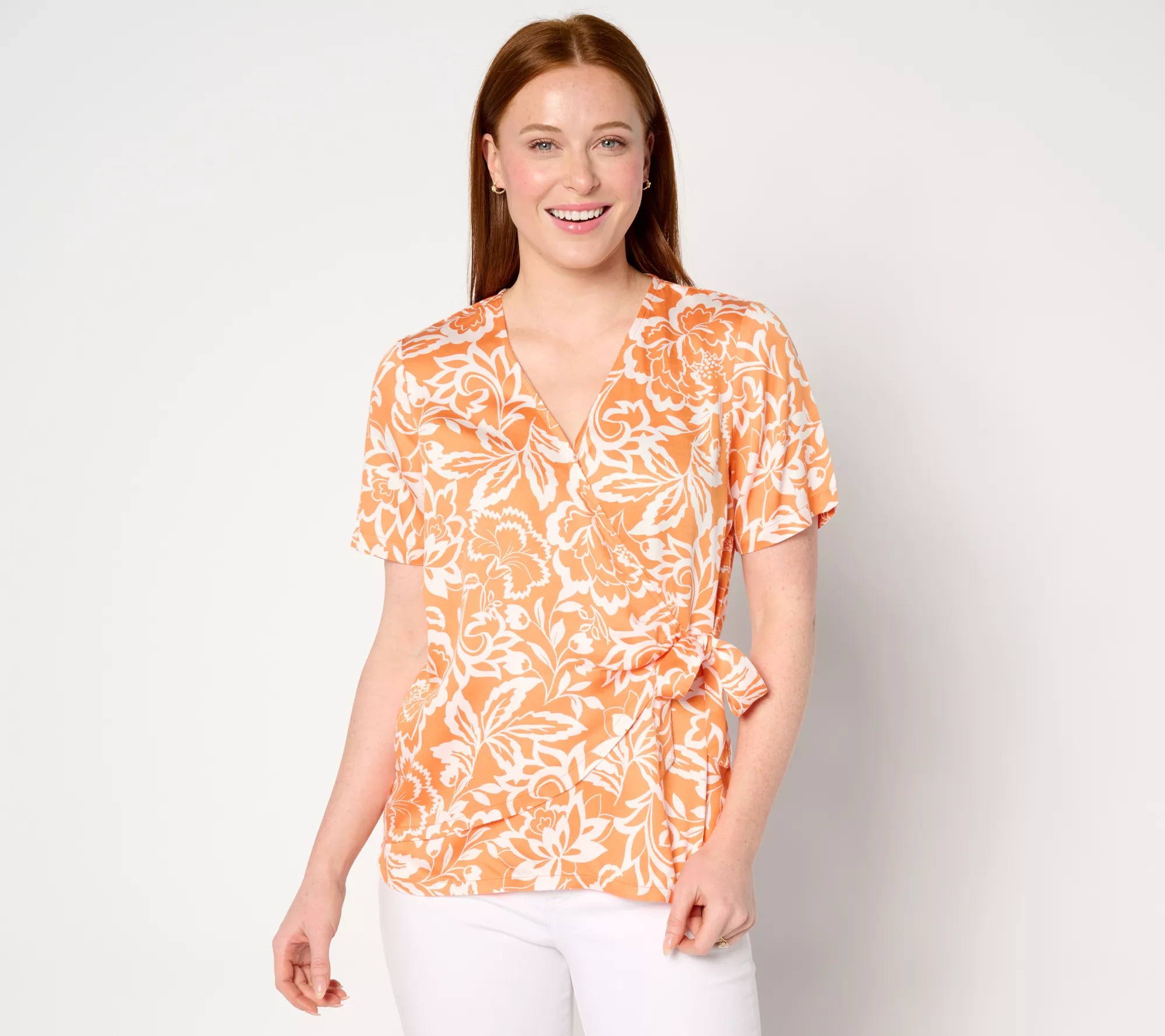 "As Is" AnyBody Printed Short Sleeve Faux Wrap Woven Top