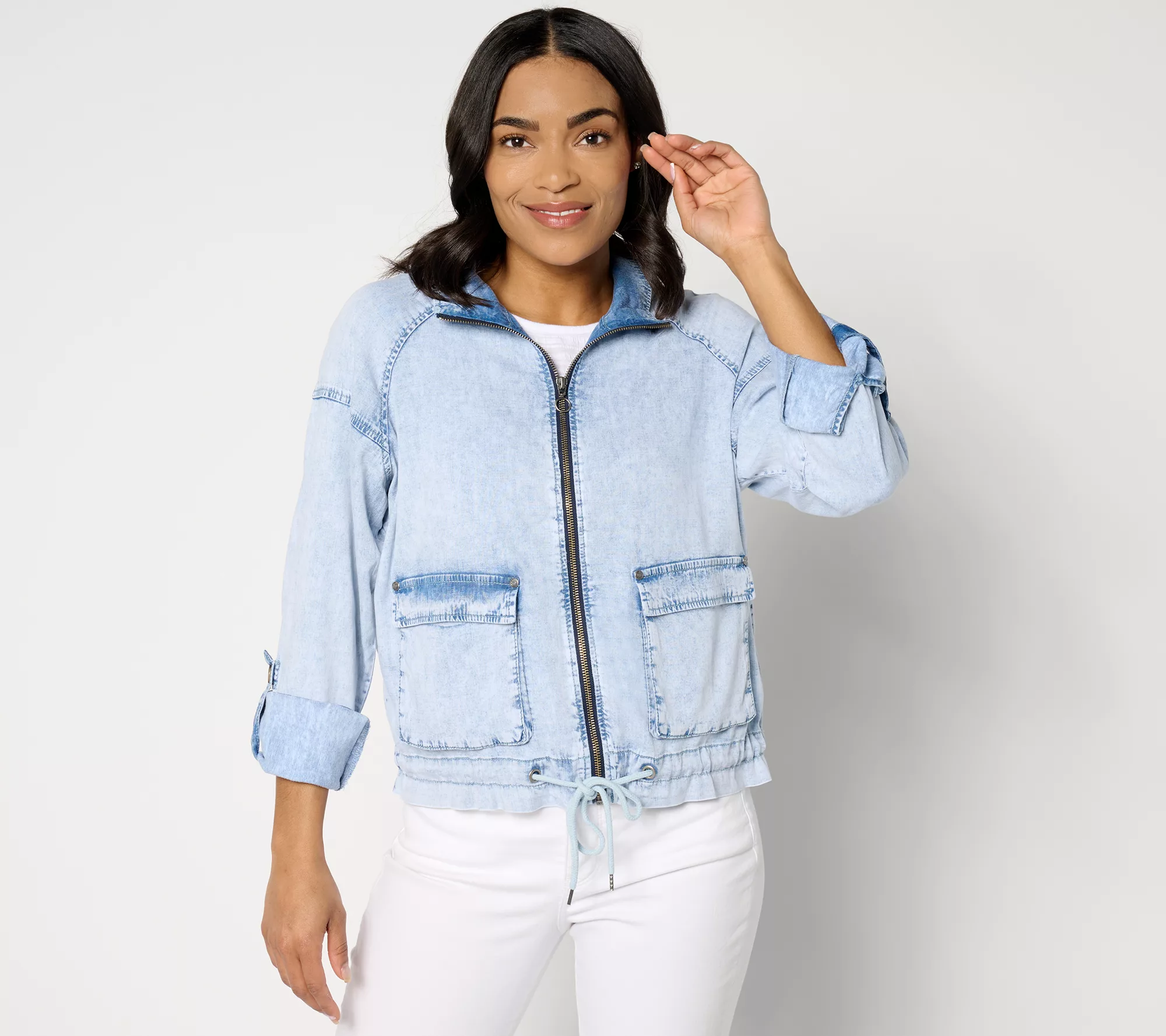 "As Is" AnyBody Drapey Denim Lightweight Jacket with Drawcord Hem