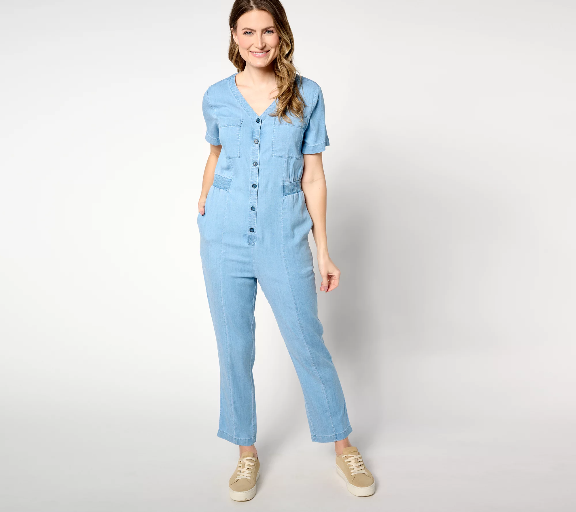 "As Is" AnyBody Regular Drapey Denim Button- Front Jumpsuit