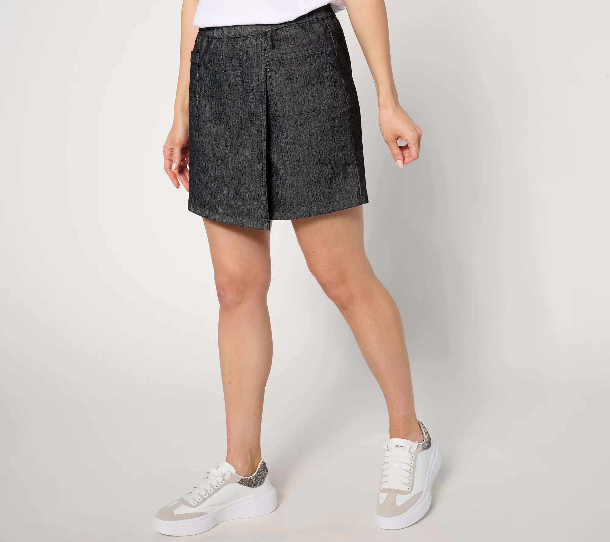 "As Is" AnyBody Petite Faux Wrap Pull-On Denim Skort