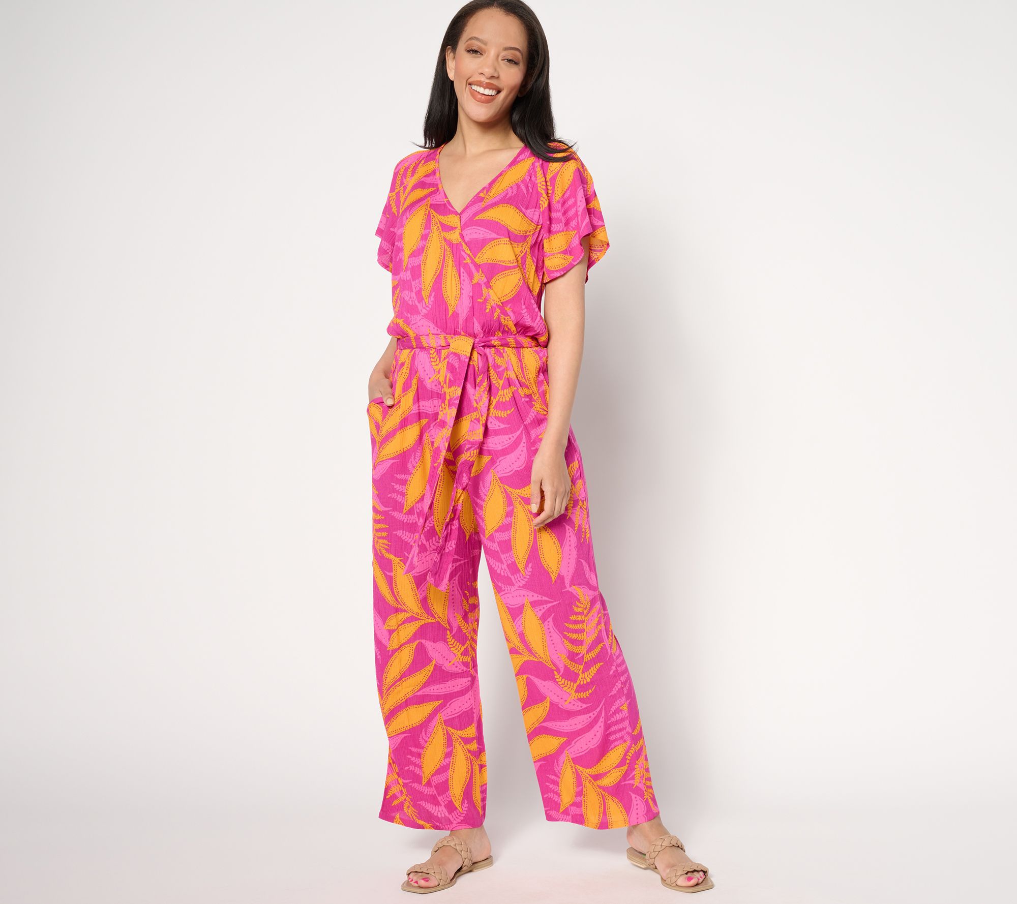 "As Is" AnyBody Petite Wide Leg Faux Wrap Vacation Jumpsuit