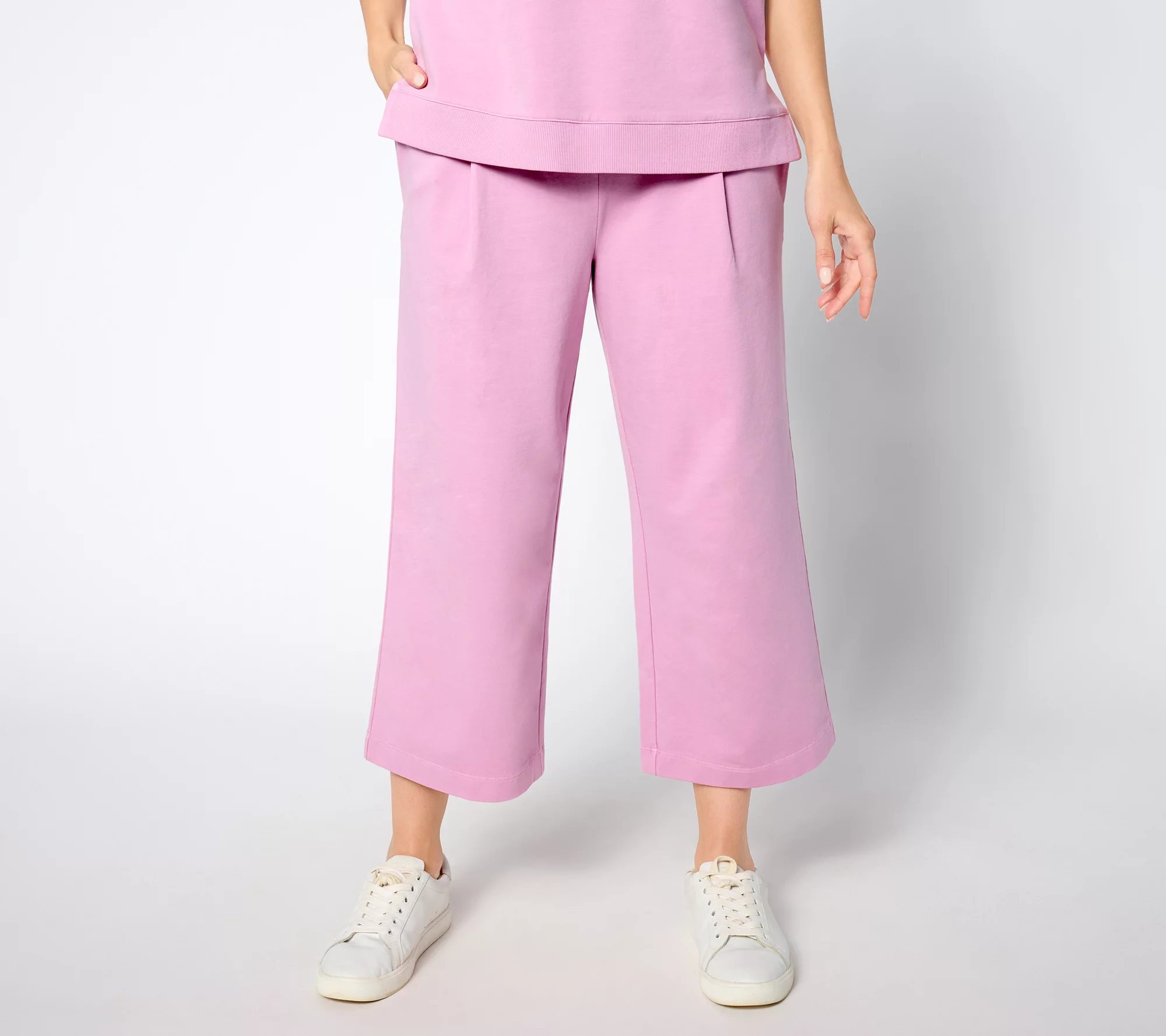 "As Is" AnyBody Petite Washed French Terry Cropped Wide Leg Pant