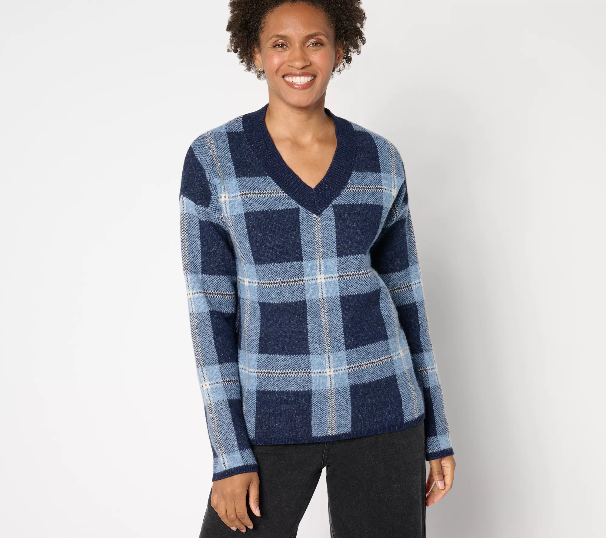 "As Is" AnyBody Plaid Intarsia V-Neck Sweater