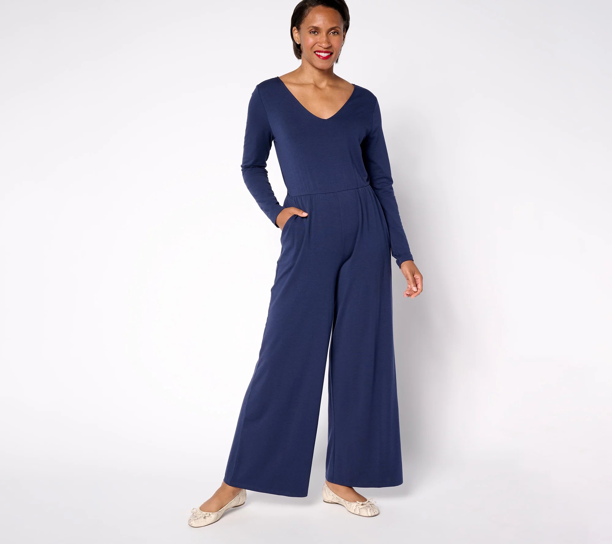 "As Is" AnyBody Regular Cozy Knit Long Sleeve V-Neck Jumpsuit