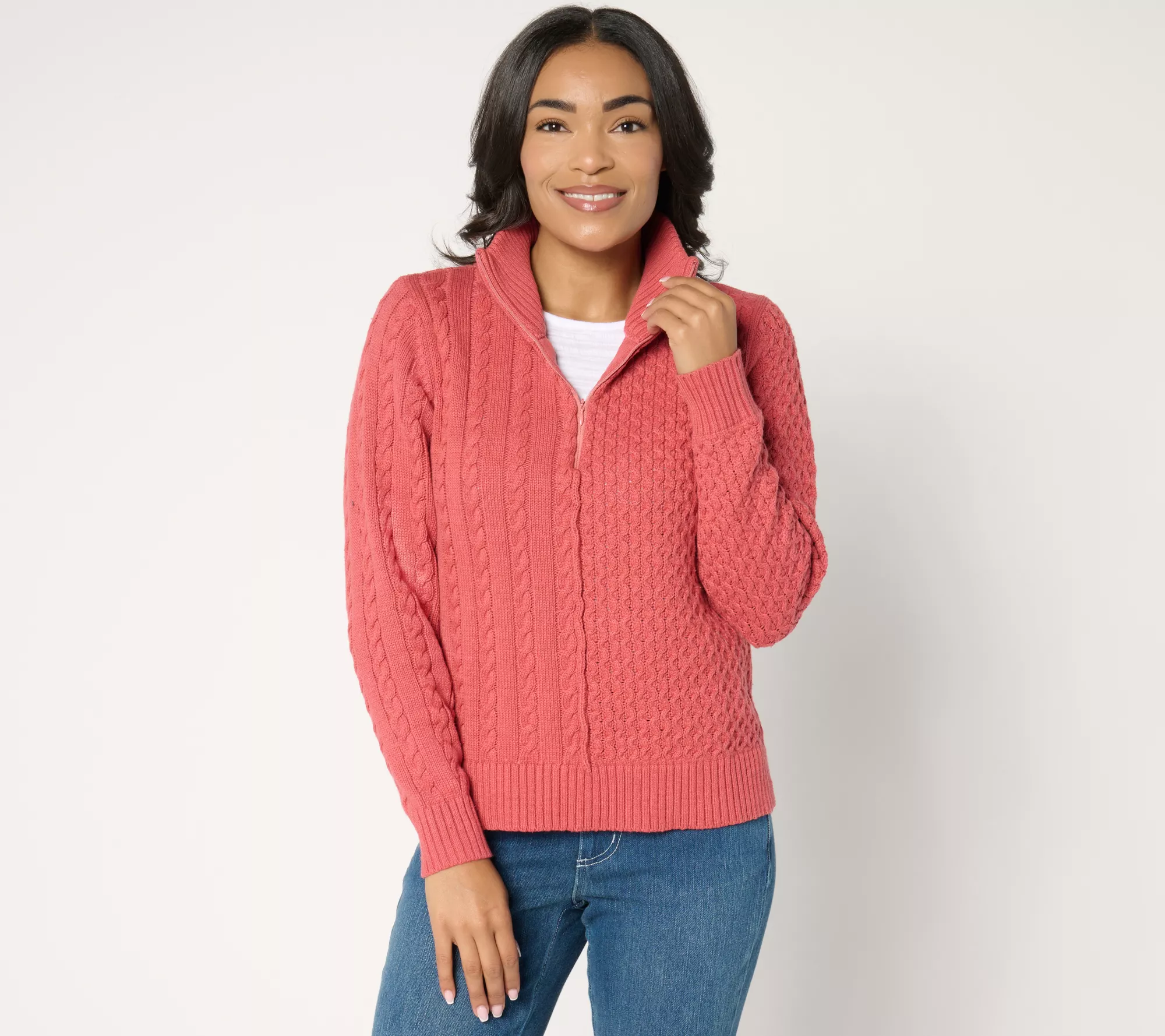 "As Is" AnyBody Mixed Stitch Half Zip Sweater with Side Slits