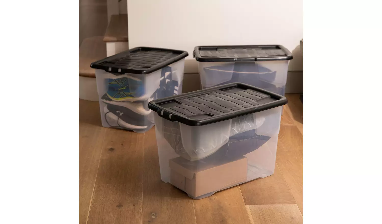 Strata Curve 3 x 65L Plastic Storage Boxes with Lid - Clear