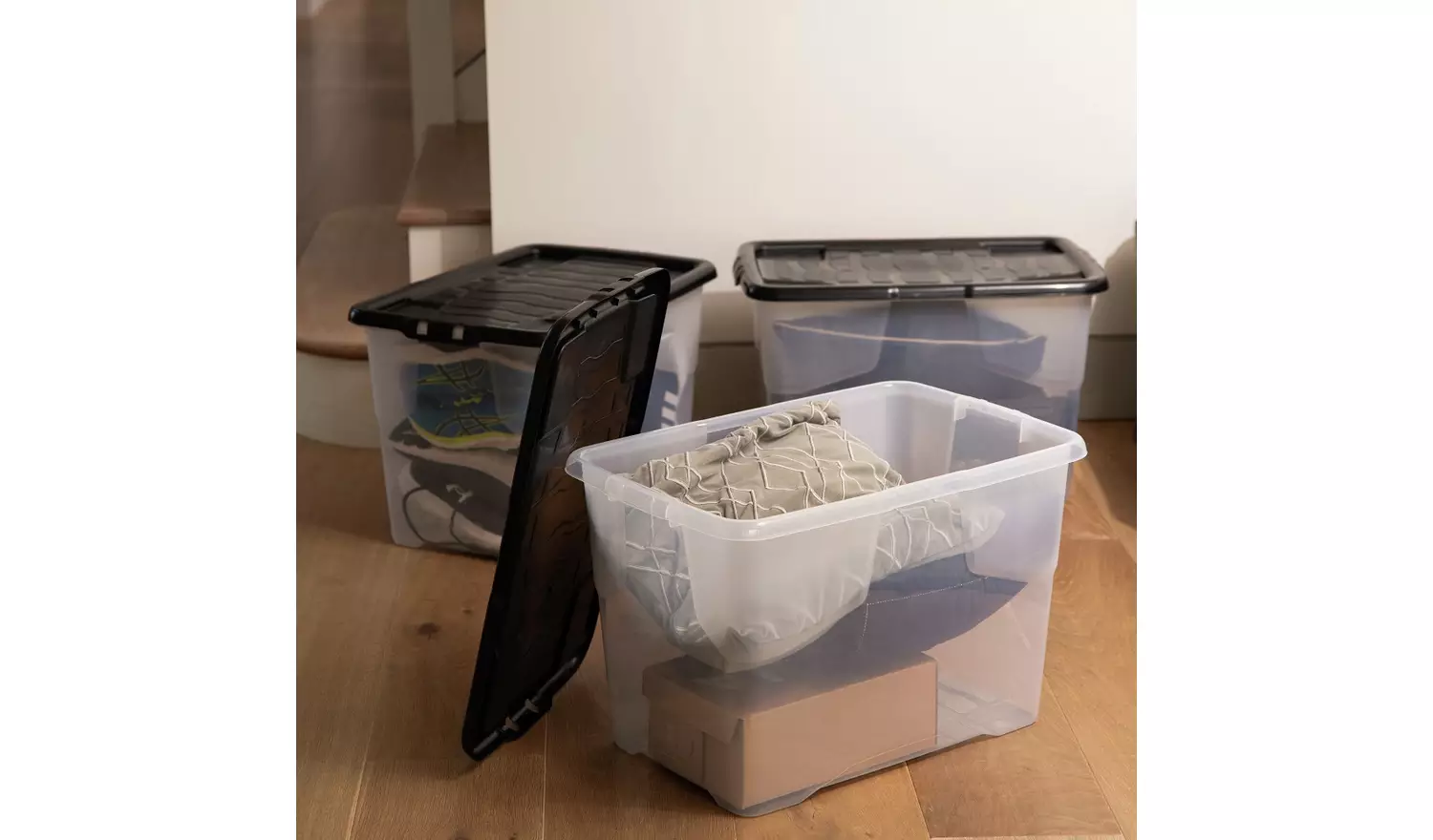 Strata Curve 3 x 65L Plastic Storage Boxes with Lid - Clear