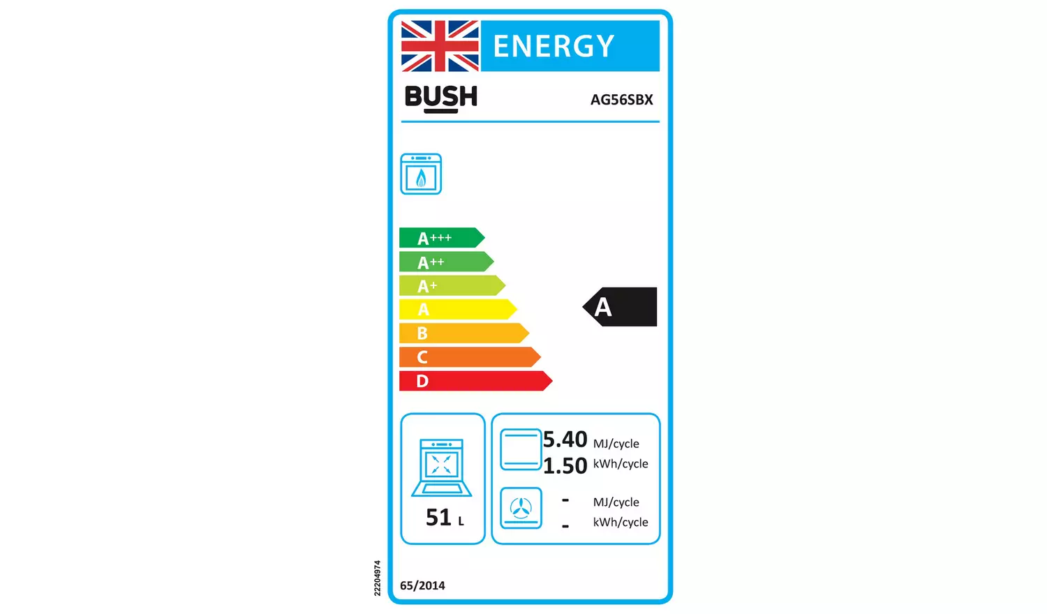 Bush AG56SBX 50cm Single Oven Gas Cooker - Black