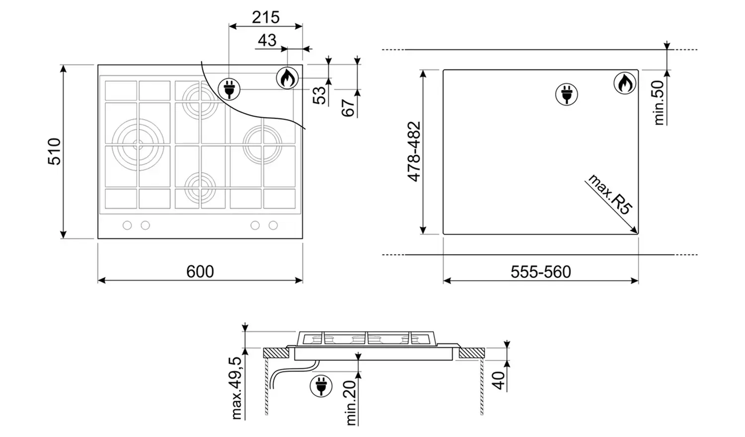 Smeg Cucina P261XGH 60cm Gas Hob - Stainless Steel