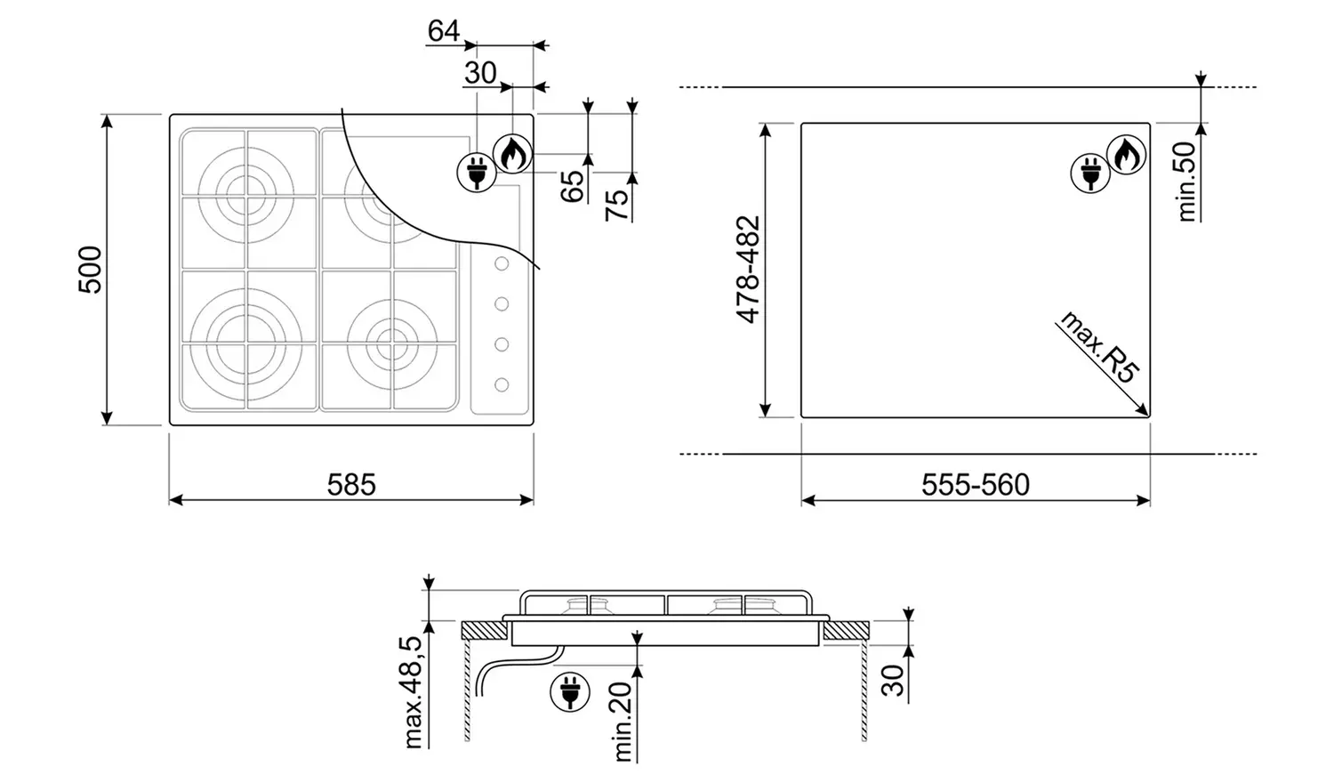 Smeg Cucina S64S 60cm Gas Hob - Stainless Steel