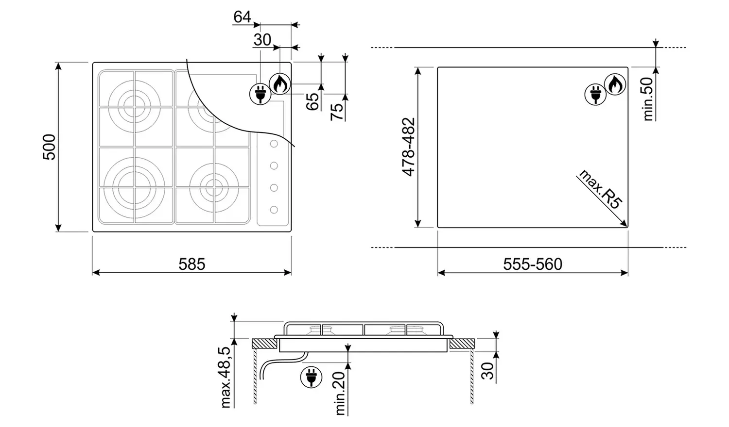 Smeg Cucina S64S 60cm Gas Hob - Stainless Steel