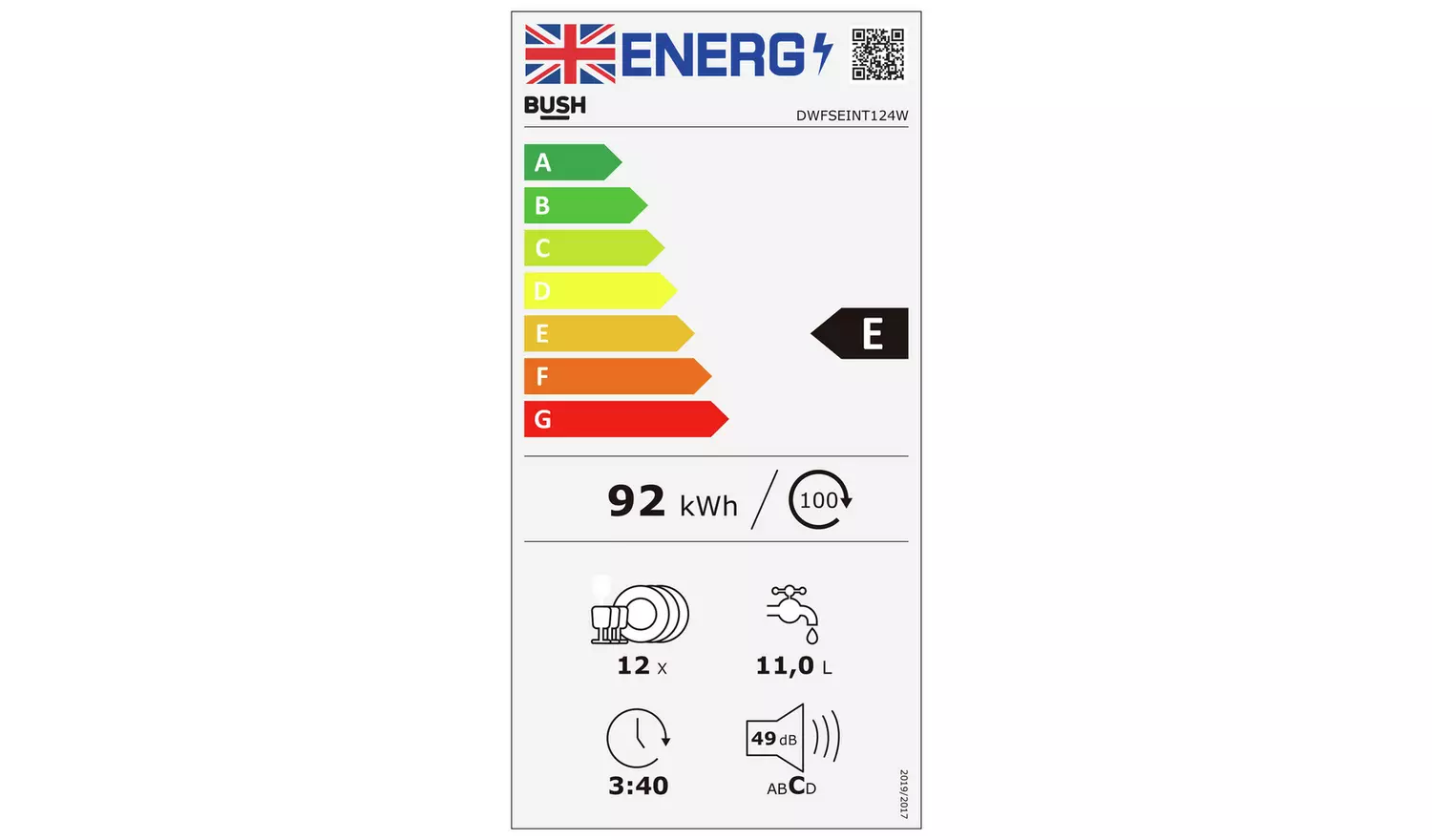 Bush DWFSEINT124W Full Size Dishwasher - integrated