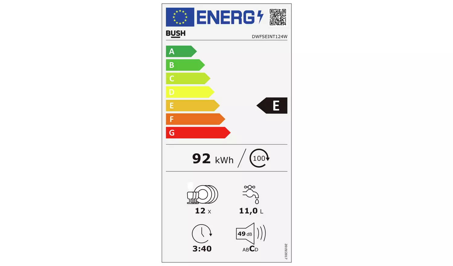 Bush DWFSEINT124W Full Size Dishwasher - integrated