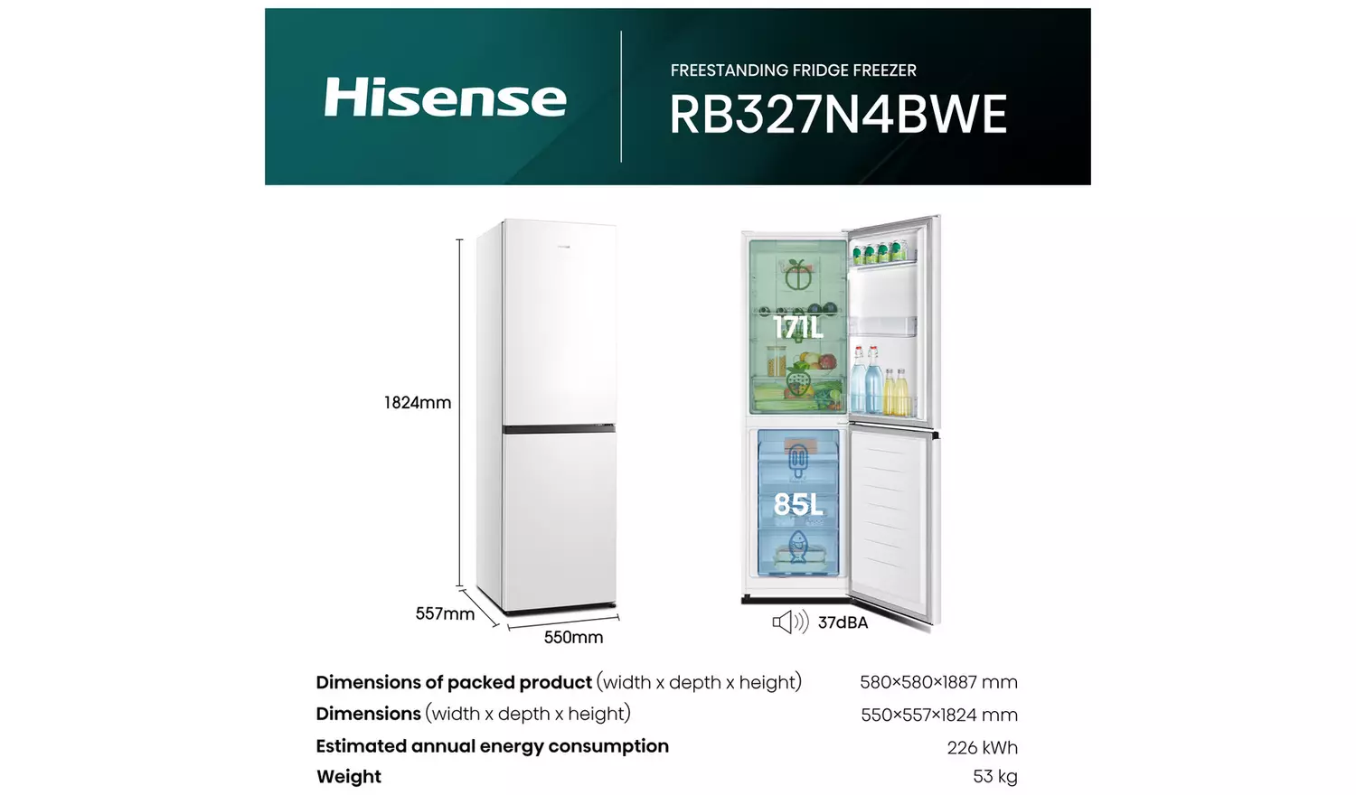 Hisense RB327N4BWE Freestanding Fridge Freezer - White