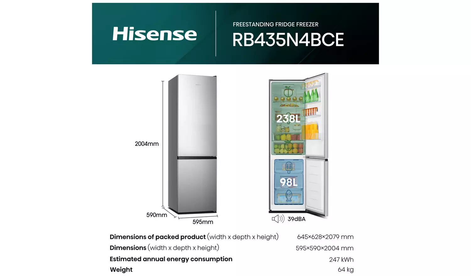 Hisense RB435N4BCE Fridge Freezer - Stainless Steel