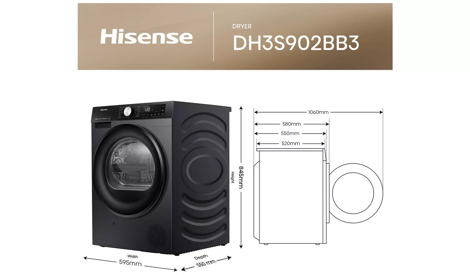 Hisense DH3S902BB3 9KG Heat Pump Tumble Dryer - Black