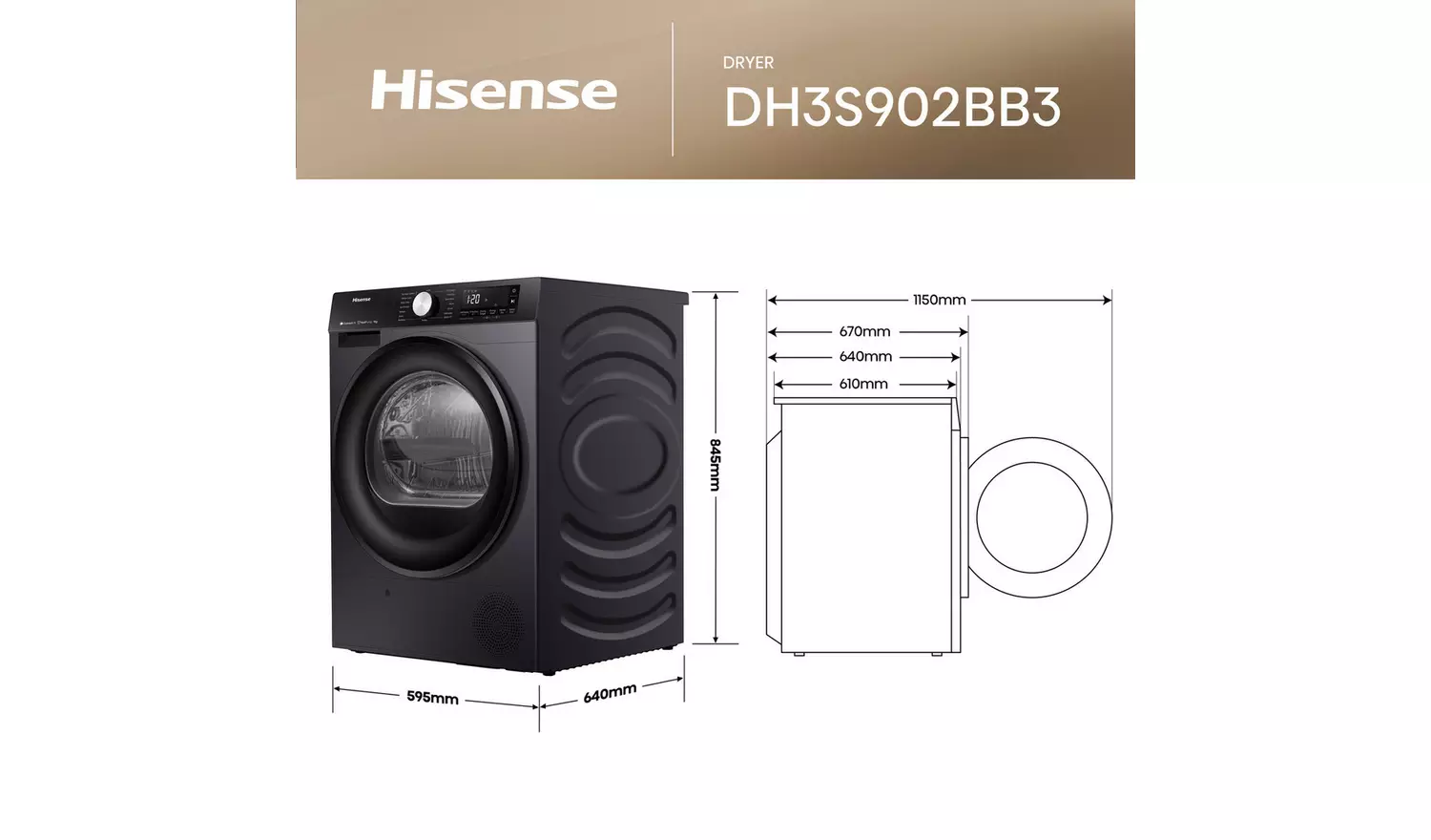 Hisense DH3S902BB3 9KG Heat Pump Tumble Dryer - Black