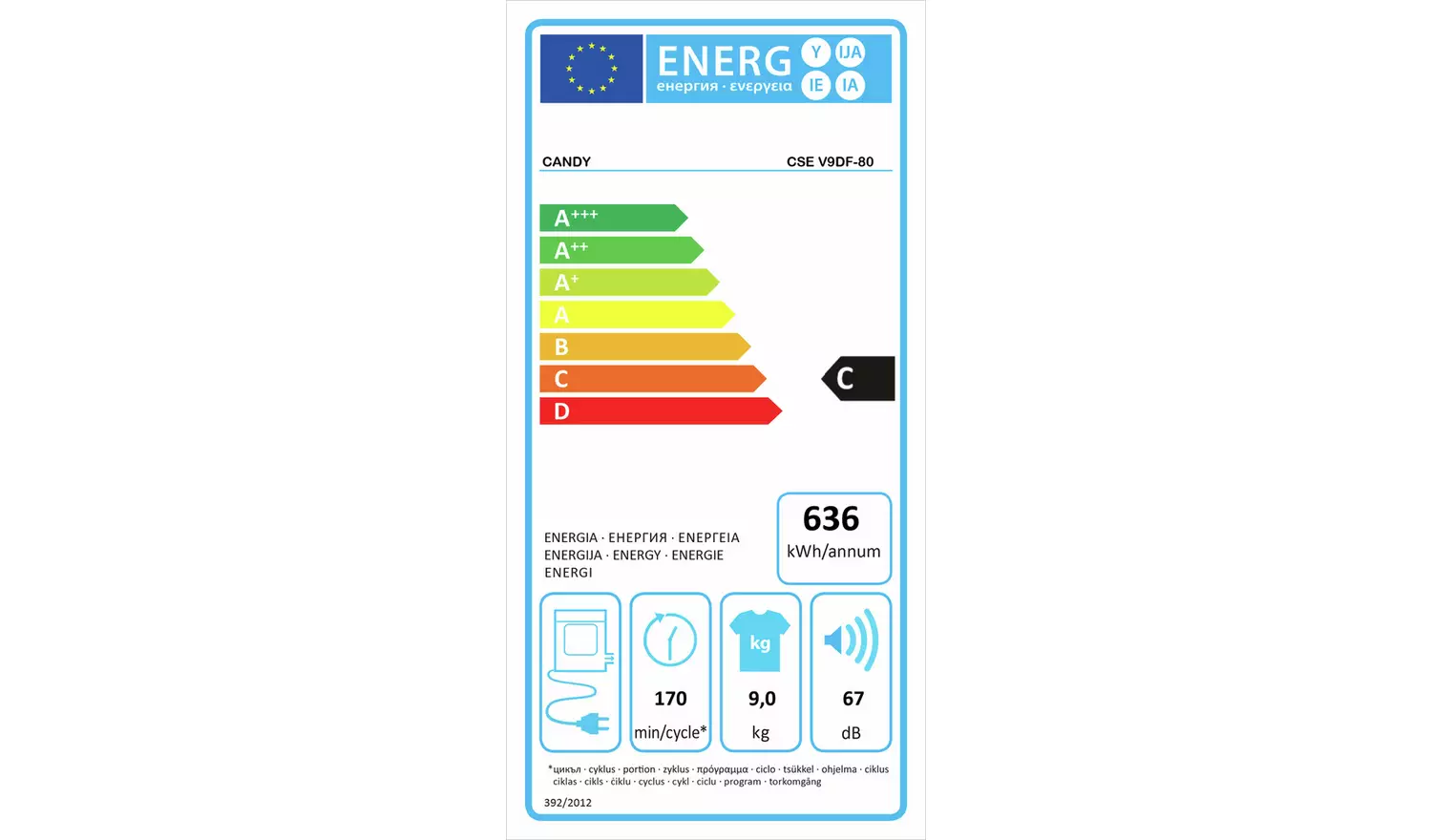 Candy CSE C9DF-80 9KG Condenser Tumble Dryer - White