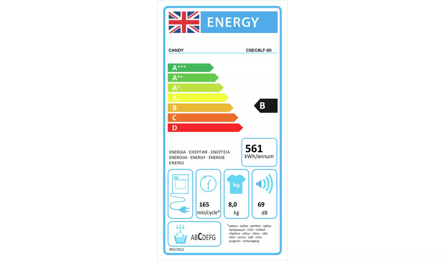 Candy CSEC8LF-80 8KG Condenser Tumble Dryer - White