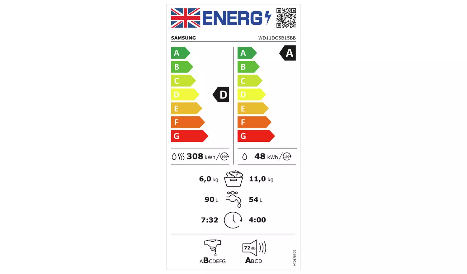 Samsung WD11DG5B15BBEU 11KG/6KG 1400 Spin Washer Dryer-Black