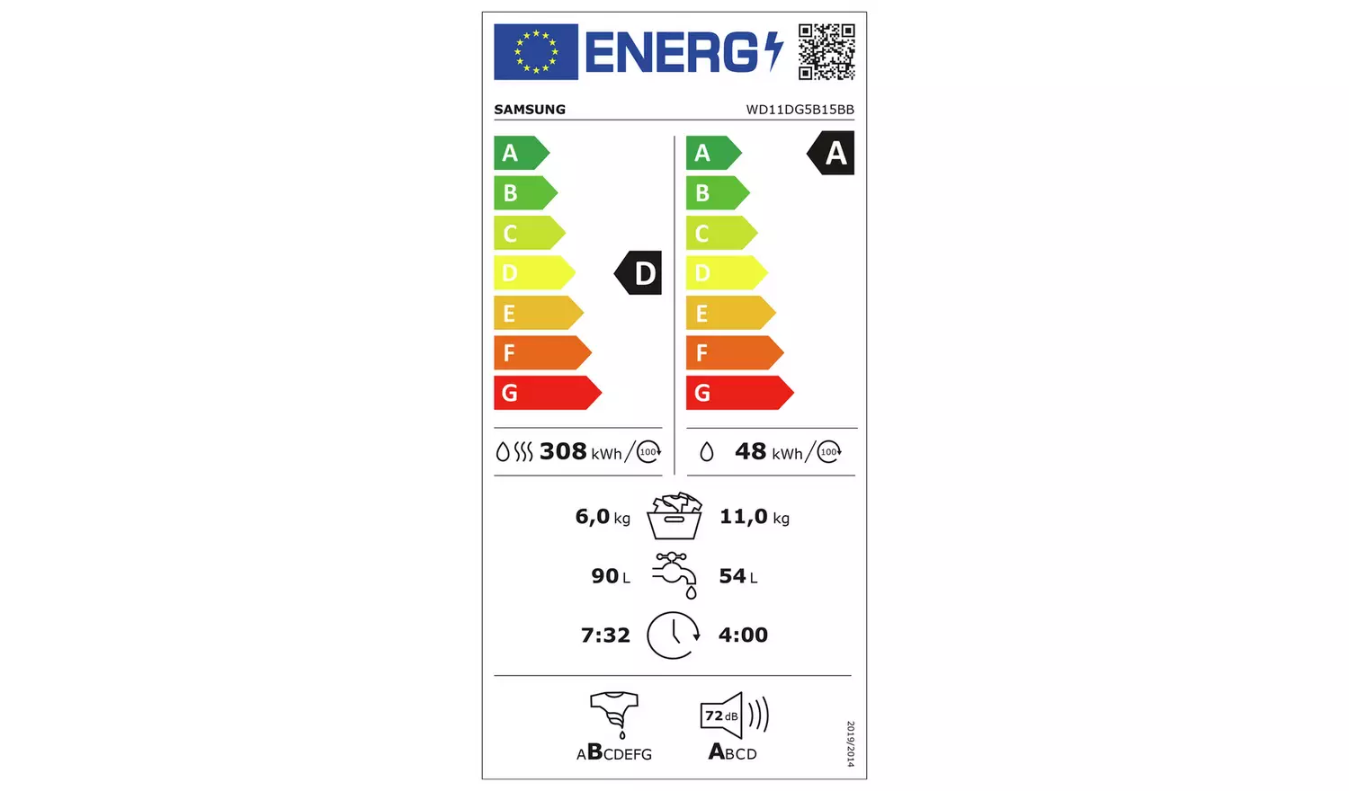 Samsung WD11DG5B15BBEU 11KG/6KG 1400 Spin Washer Dryer-Black