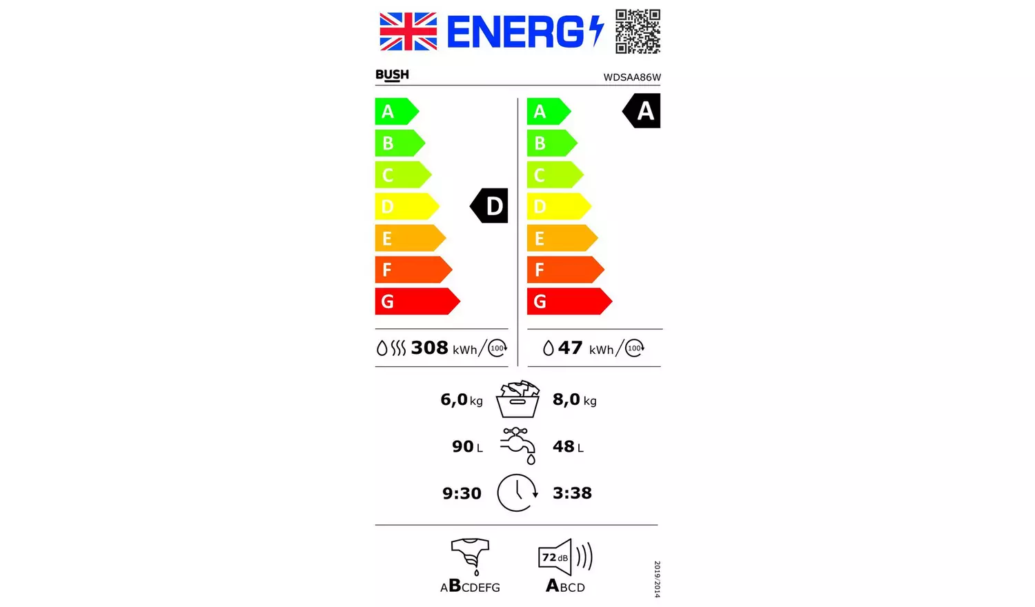 Bush WDSAA86W 8/6KG 1400 Spin Washer Dryer - White