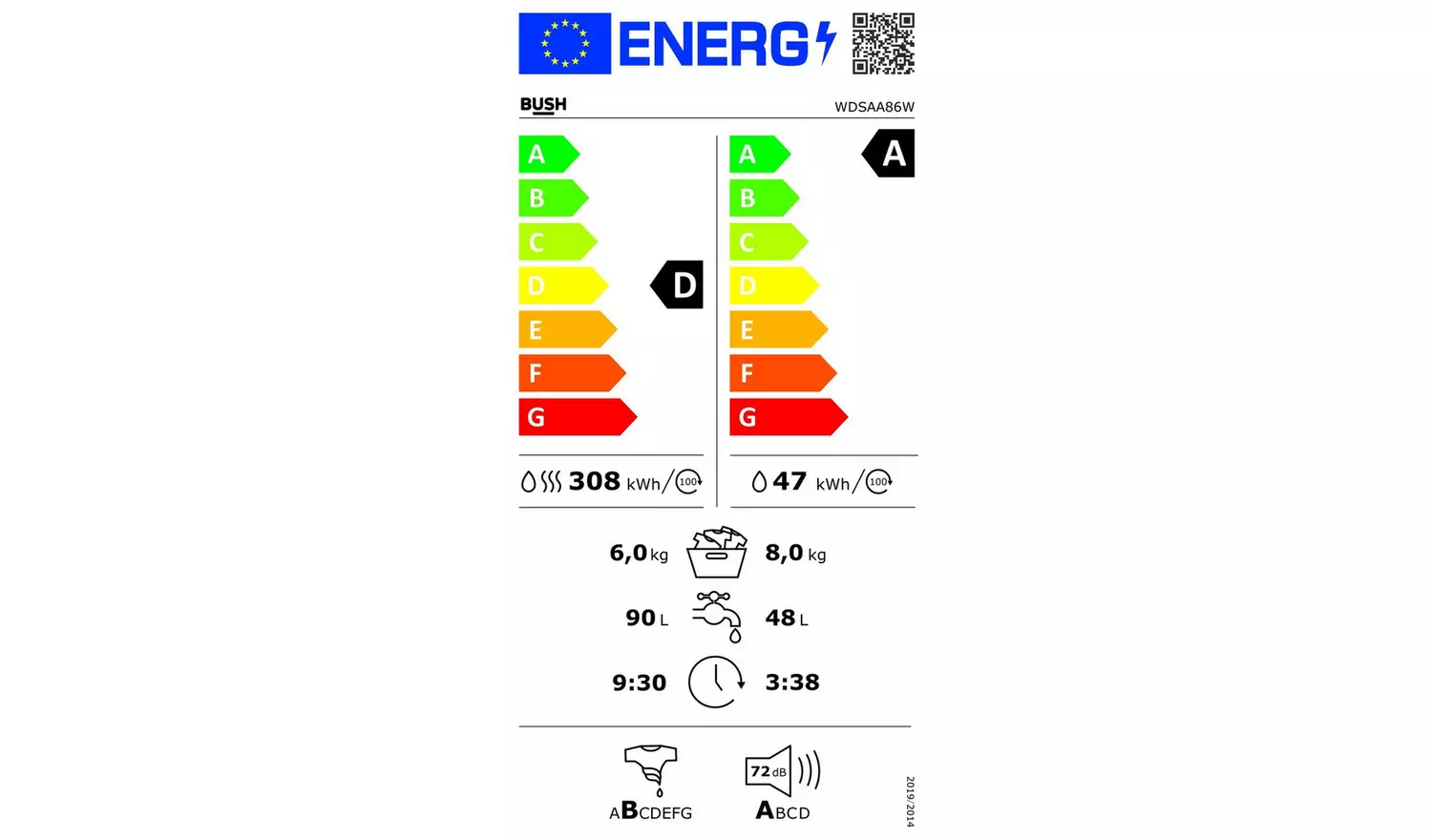 Bush WDSAA86W 8/6KG 1400 Spin Washer Dryer - White