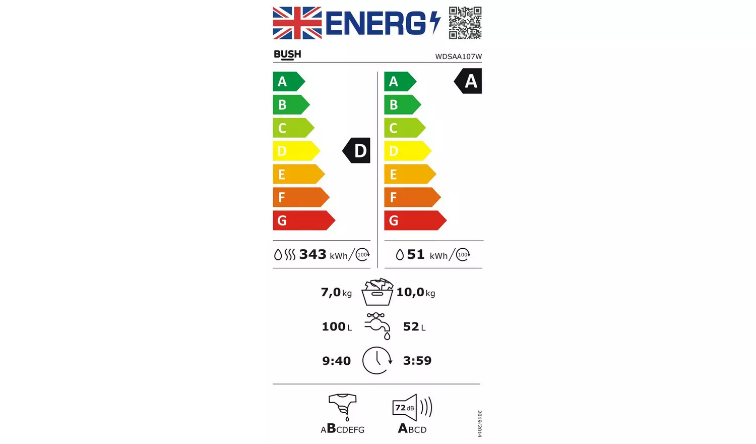 Bush WDSAA107W 10/7KG 1400 Spin Washer Dryer - White