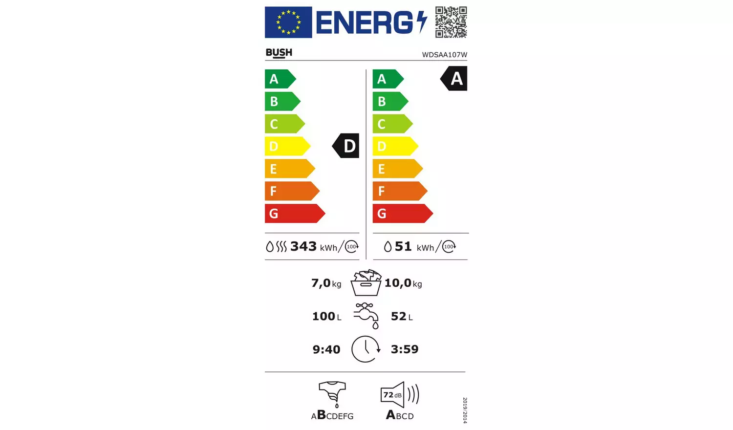 Bush WDSAA107W 10/7KG 1400 Spin Washer Dryer - White