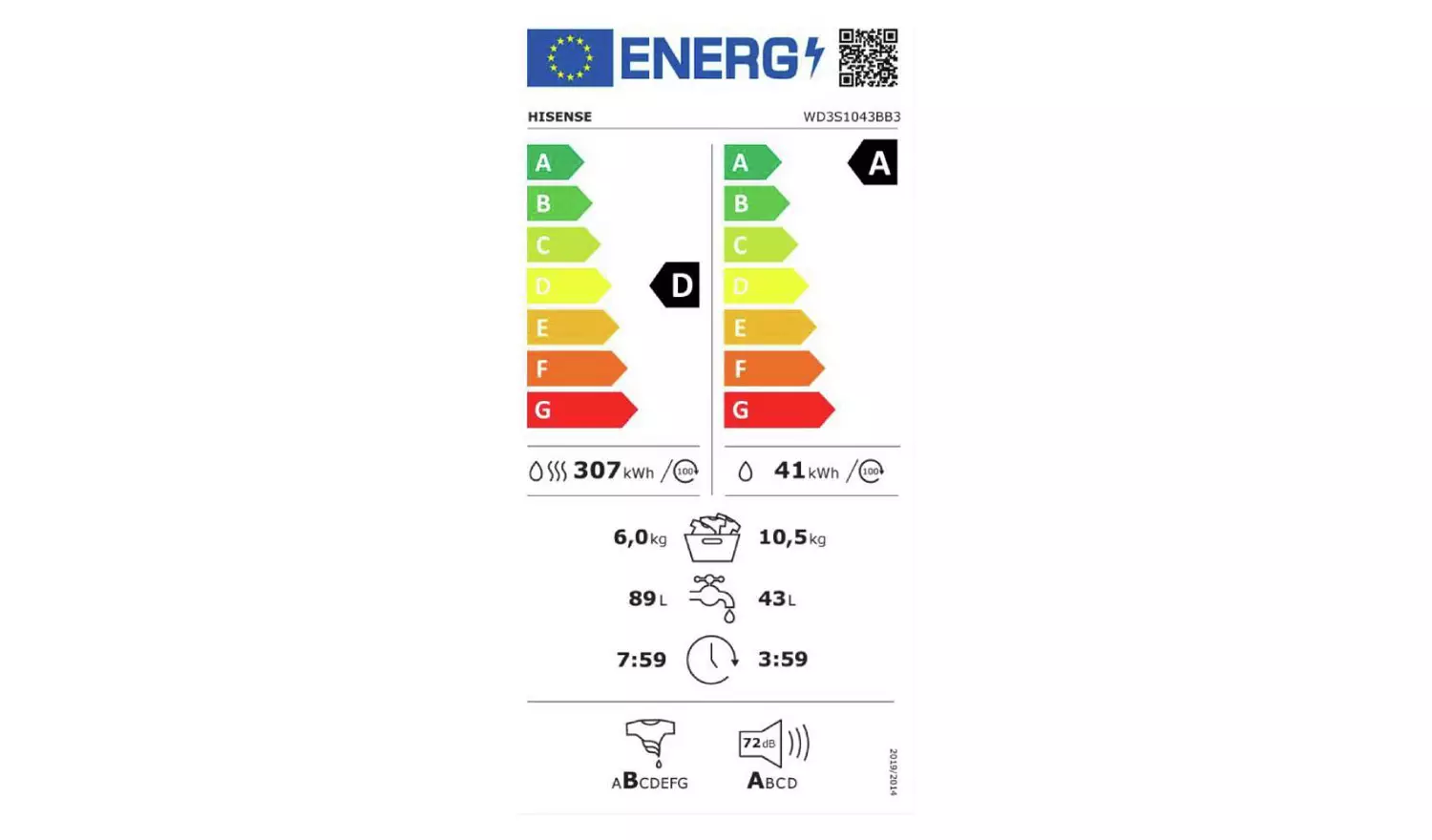 Hisense WD3S1043BB3 10.5/6KG 1400 Spin Washer Dryer - Black