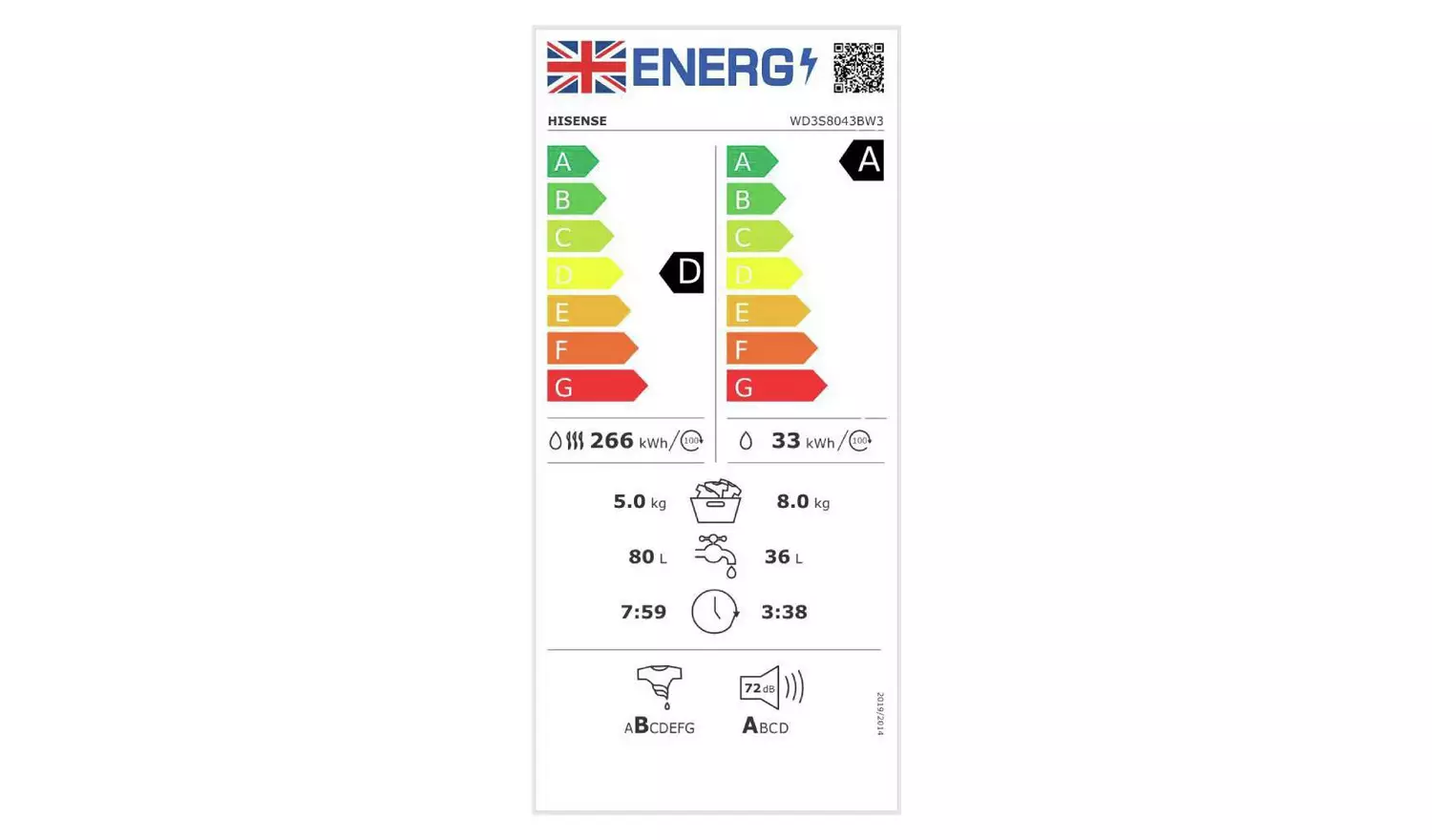 Hisense WD3S8043BB3 8/5KG 1400 Spin Washer Dryer - Black