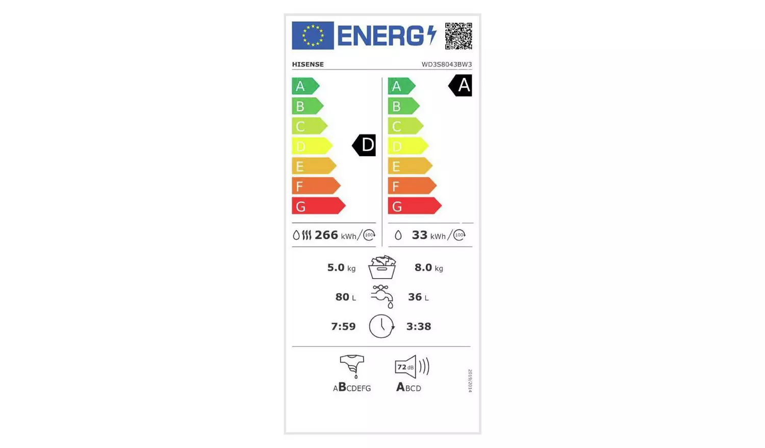 Hisense WD3S8043BB3 8/5KG 1400 Spin Washer Dryer - Black