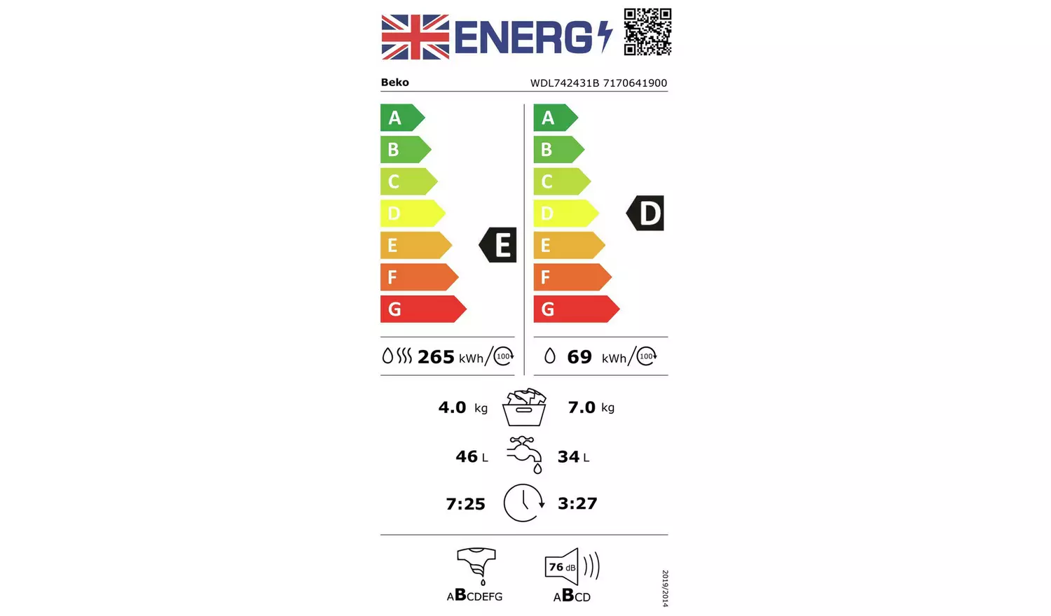 Beko WDL742431B 7KG / 4KG 1200 Spin Washer Dryer - Black