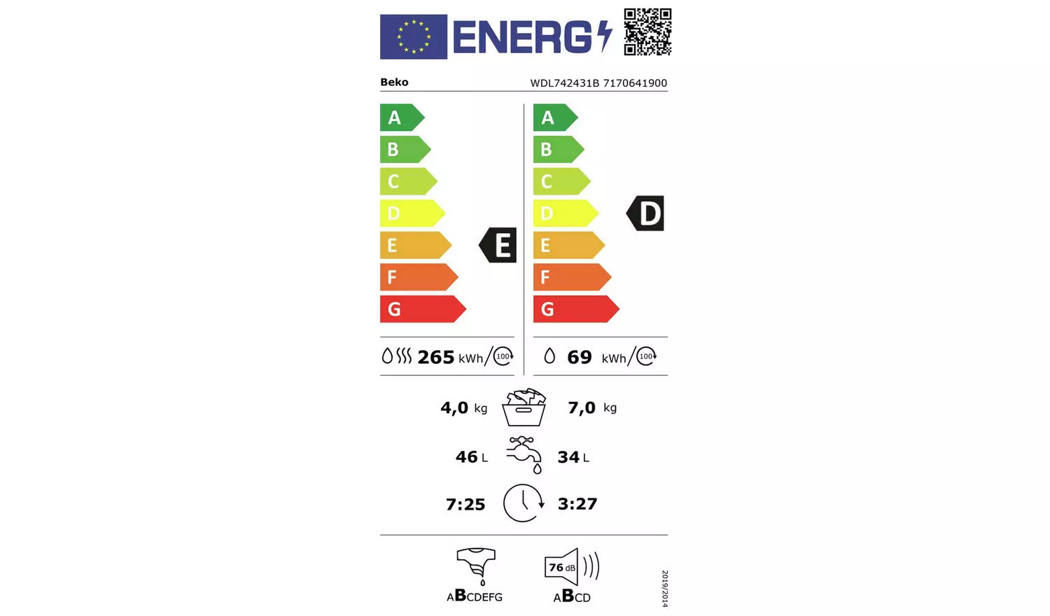 Beko WDL742431B 7KG / 4KG 1200 Spin Washer Dryer - Black