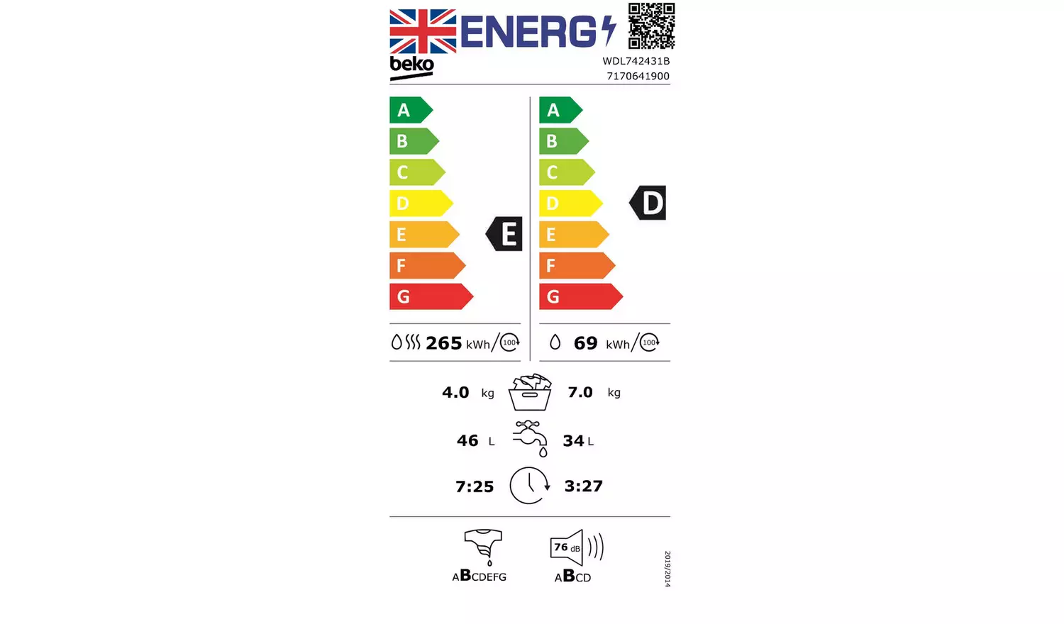 Beko WDL742431B 7KG / 4KG 1200 Spin Washer Dryer - Black