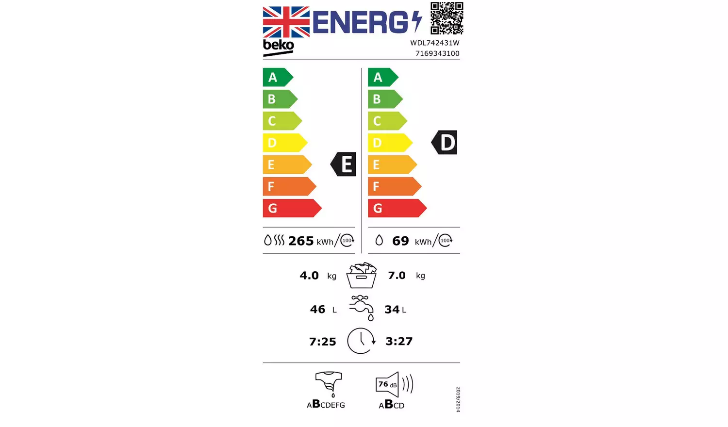 Beko WDL742431W 7KG / 4KG 1200 Spin Washer Dryer - White