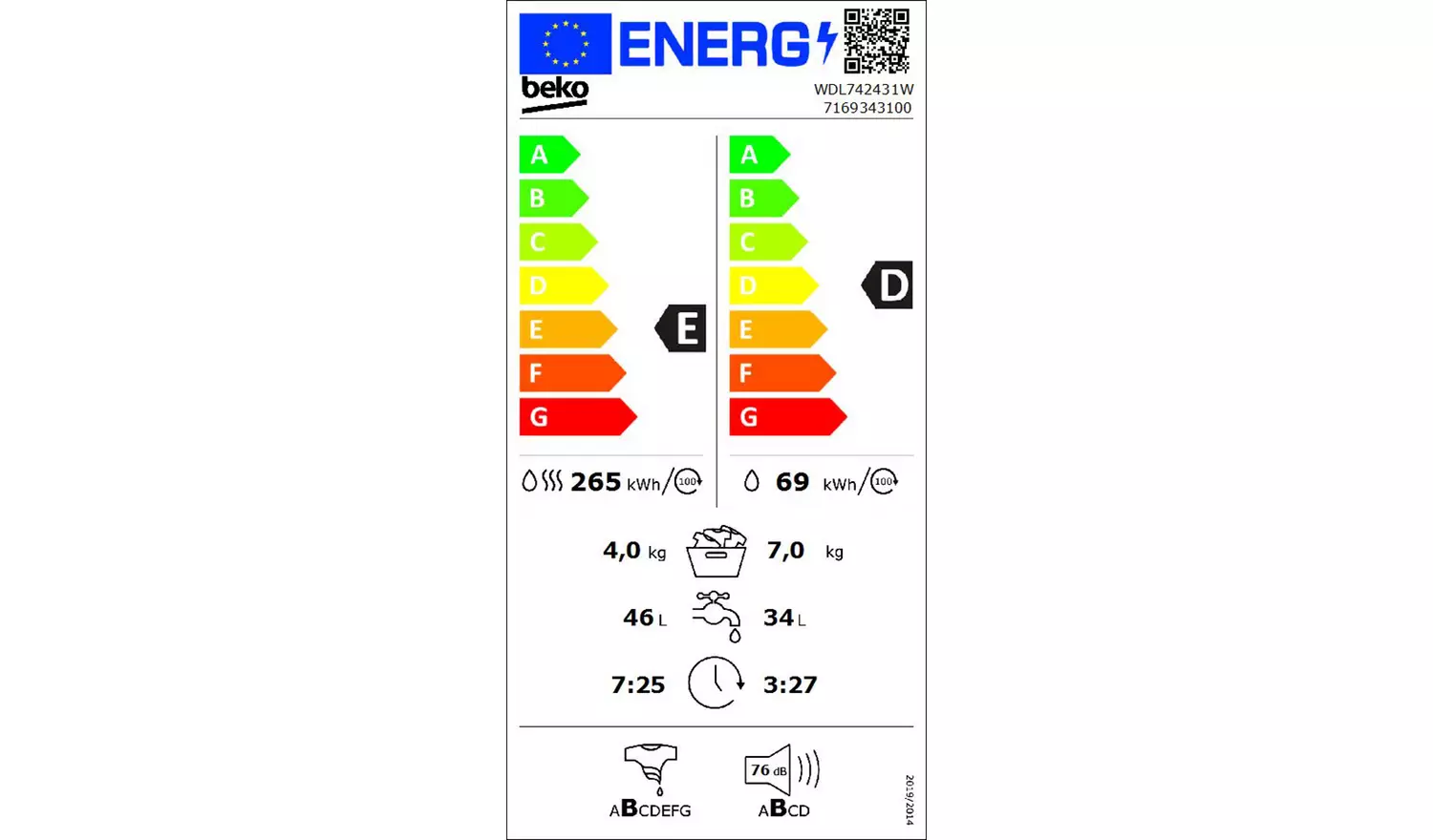Beko WDL742431W 7KG / 4KG 1200 Spin Washer Dryer - White