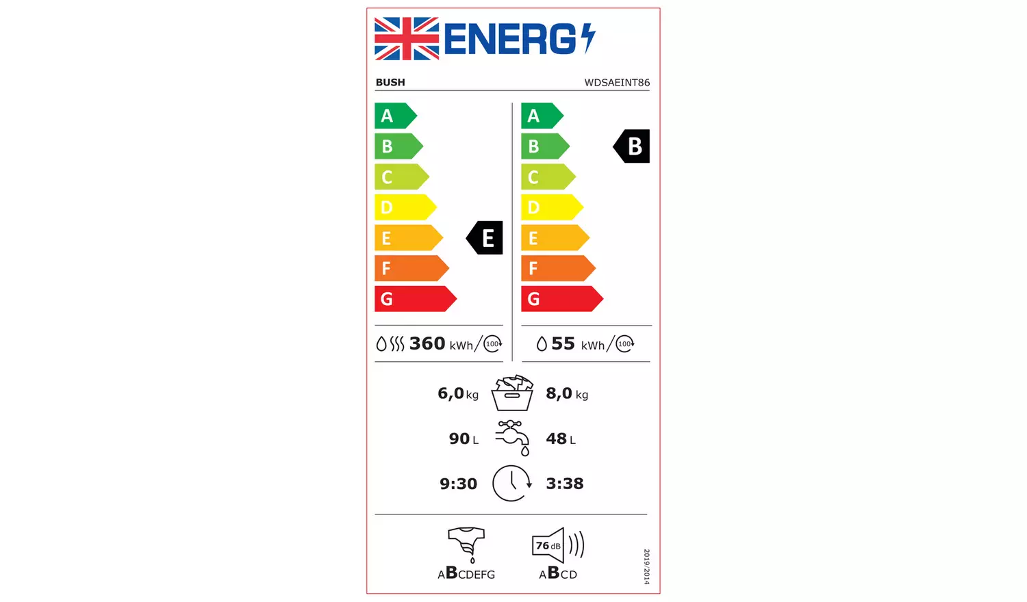 Bush WDSAEINT86 8KG/6KG 1400 Spin Washer Dryer - White