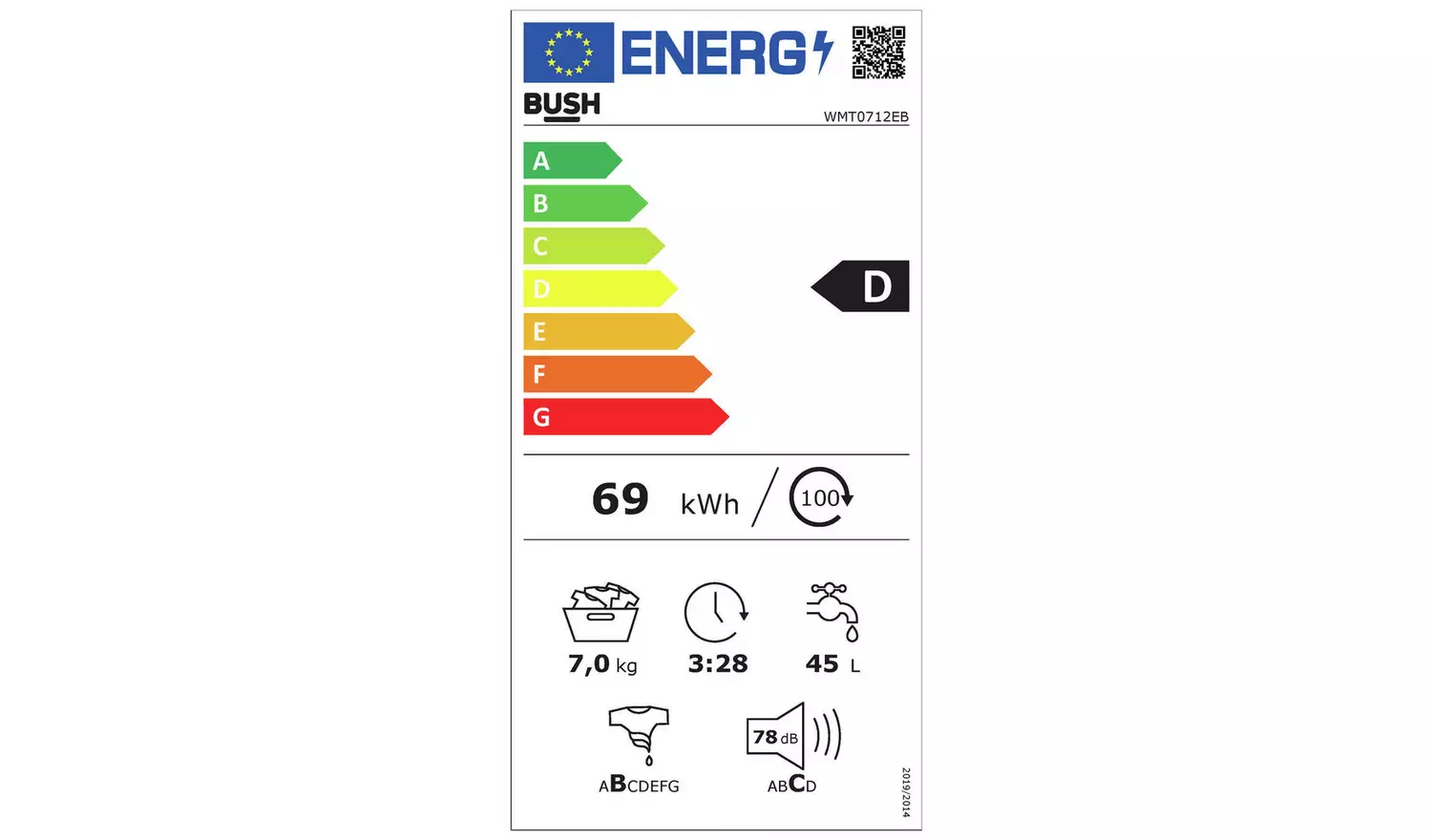 Bush WMT0712EB 7KG 1200 Spin Washing Machine - Black