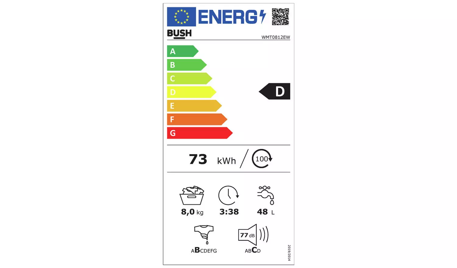 Bush WMT0812EW 8KG 1200 Spin Washing Machine - White