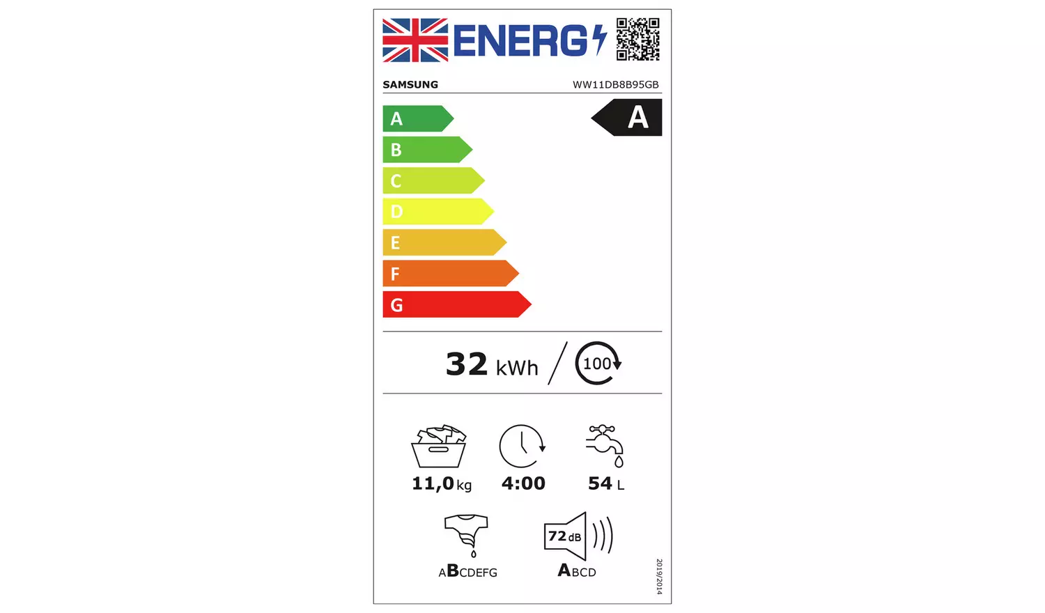 Samsung WW11DB8B95GBU1 11KG 1400 Spin Washing Machine-Black