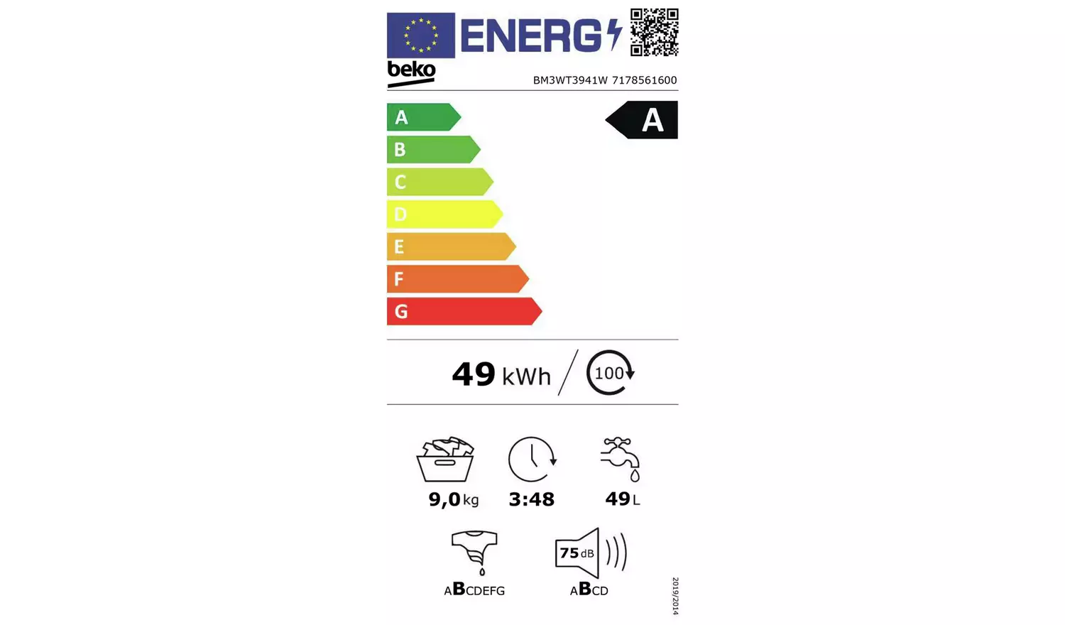 Beko EnergySpin BM3WT3941W 9kg 1400 Washing Machine - White